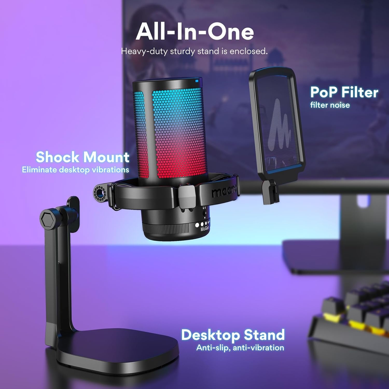 MAONO Micrófono Gaming, USB Micrófono Condensador Con Cancelación De Ruido Para Streaming Podcast Studio, Compatible Con Ps5/Ps4/Mac Con Luces RGB Controlables, Botón De Silencio, Control De Ganancia
