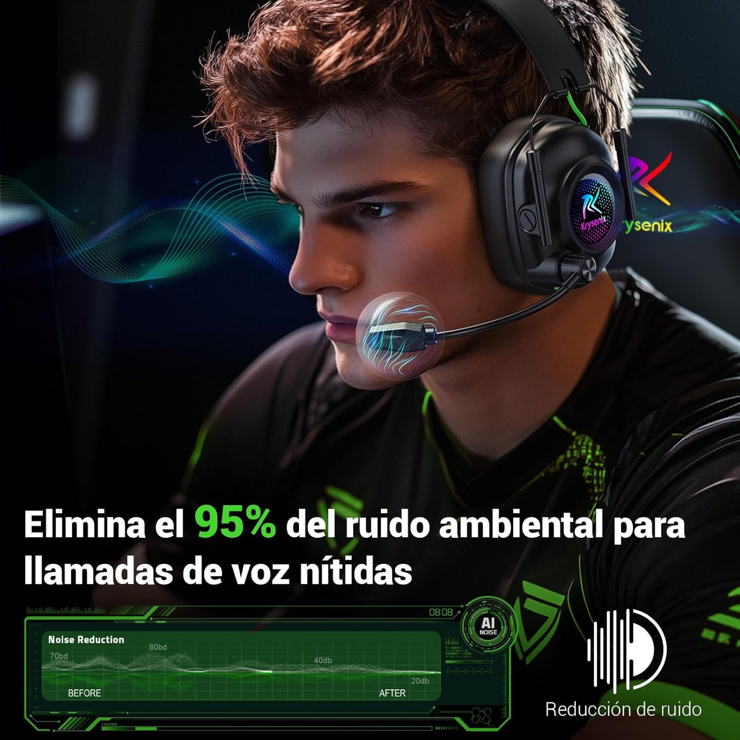 KGH2 Cascos Gaming Inalámbricos, 2.4 Ghz Auriculares Gaming Para PS4, PS5, PC, Mac, Switch, Auriculares Bluetooth Con Micrófono, Cancelación De Ruido, Luz LED Y Duración 40Hr+, Negro