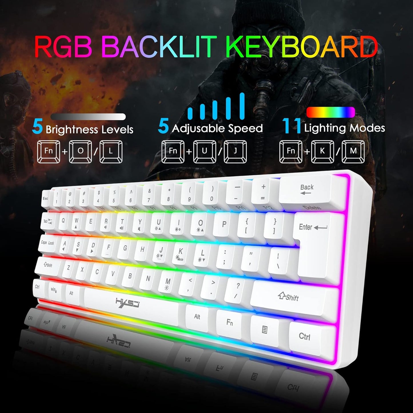 Teclado Compacto Para Juegos 60% Cableado 61 Teclas 11 Efectos De Luz De Fondo RGB Con Teclas Completas Anti-Efecto Fantasma + Ratón De Nido De Abeja Ligero Con Cable De 2400 Ppp+Alfombrilla