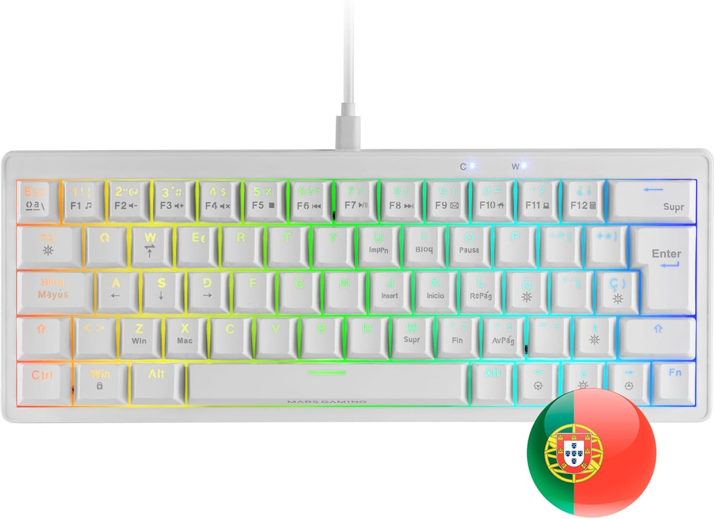 Mars Gaming MKMINIPRO, Teclado Mecánico Ultra-Compacto 60%, Switches Mecánicos Hot-Swappable, Iluminación RGB Chroma, Teclado Gaming Antighosting, Multiplataforma, Switch Marrón, Portugués, Blanco