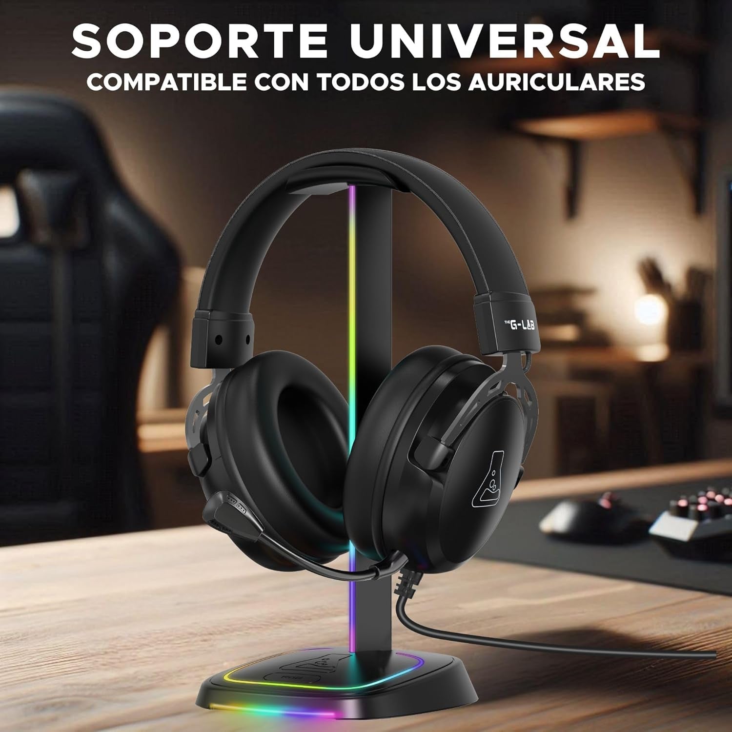 The G-Lab K-Stand Neon RGB HUB – Soporte Auriculares Con Iluminación RGB – Soporte Cascos Gaming Con HUB USB-A/USB-C Y Botón On/Off | Accesorio Gaming Para PC PS5 Xbox Switch – Regalo Gamer | Nuevo