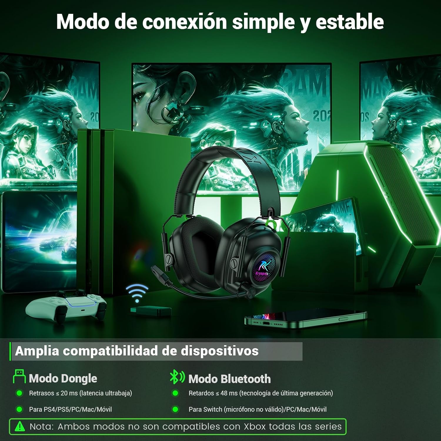 KGH2 Cascos Gaming Inalámbricos, 2.4 Ghz Auriculares Gaming Para PS4, PS5, PC, Mac, Switch, Auriculares Bluetooth Con Micrófono, Cancelación De Ruido, Luz LED Y Duración 40Hr+, Negro