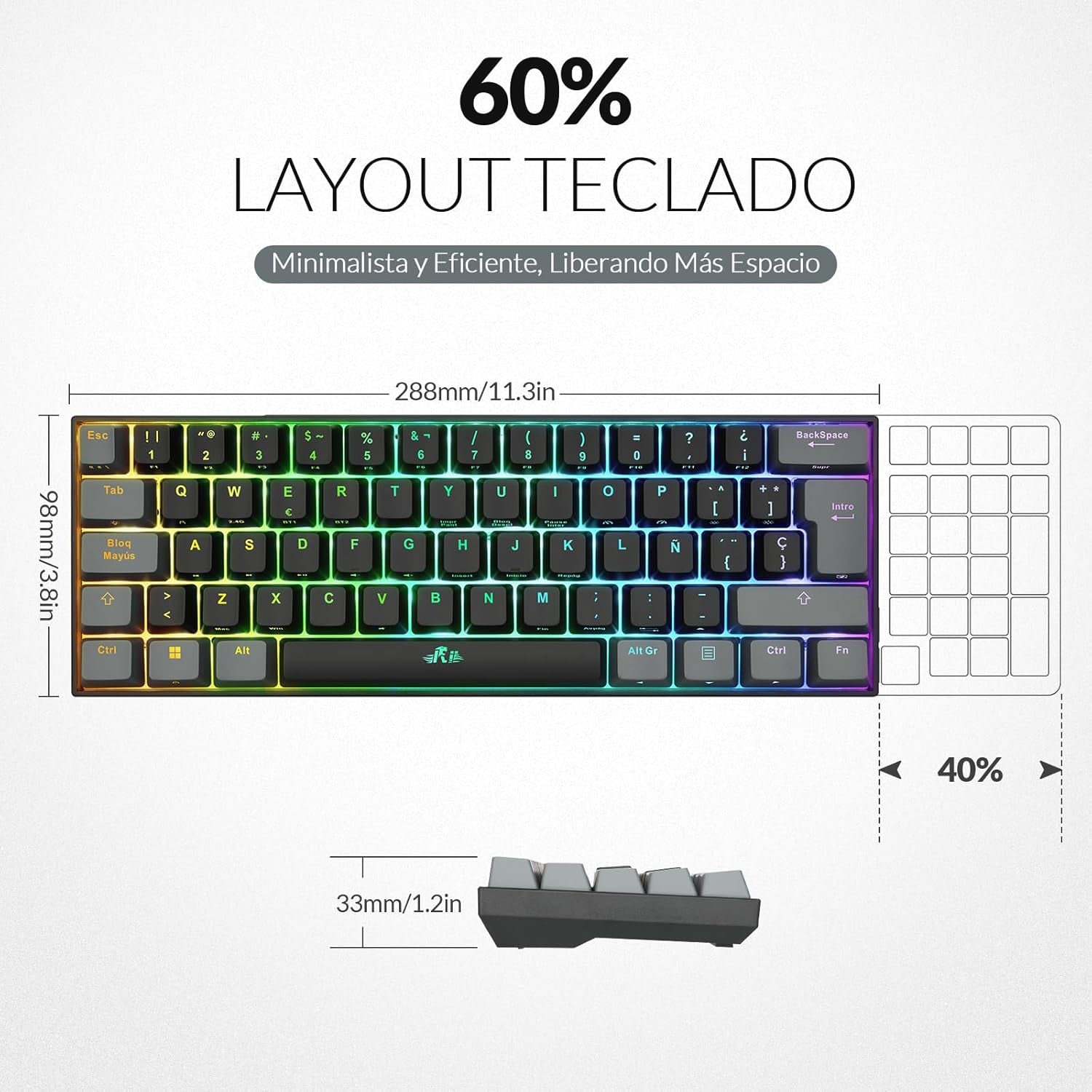 RK802 Teclado Gaming Mecánico, 3 Modos De Conectividad, Retroiluminación RGB, 60% Layout Español (Interruptores Rojos)