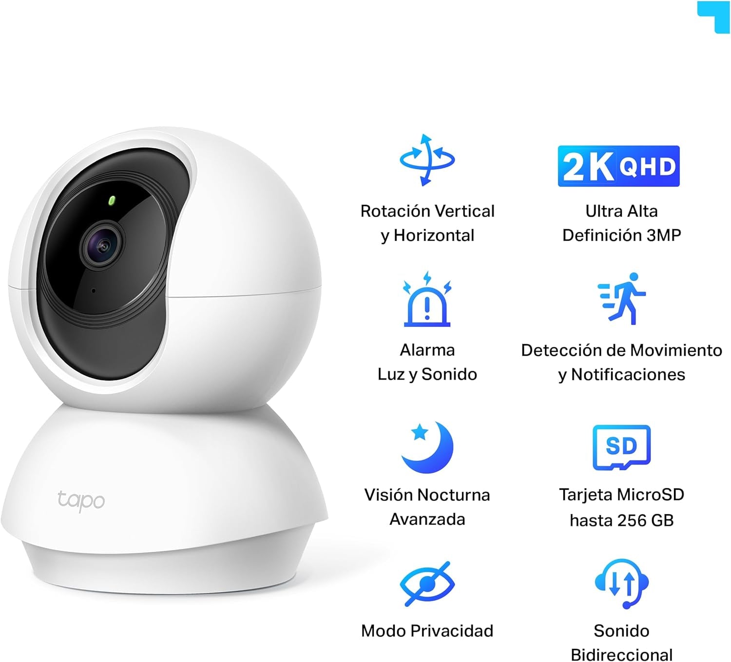 Tapo C210 - Cámara IP Wifi 360° Cámara De Vigilancia 2K (3Mp),Visión Nocturna Admite Tarjeta SD Hasta 512 GB, Detección Y Seguimiento De Movimiento, Control Remoto, Compatible Con Alexa