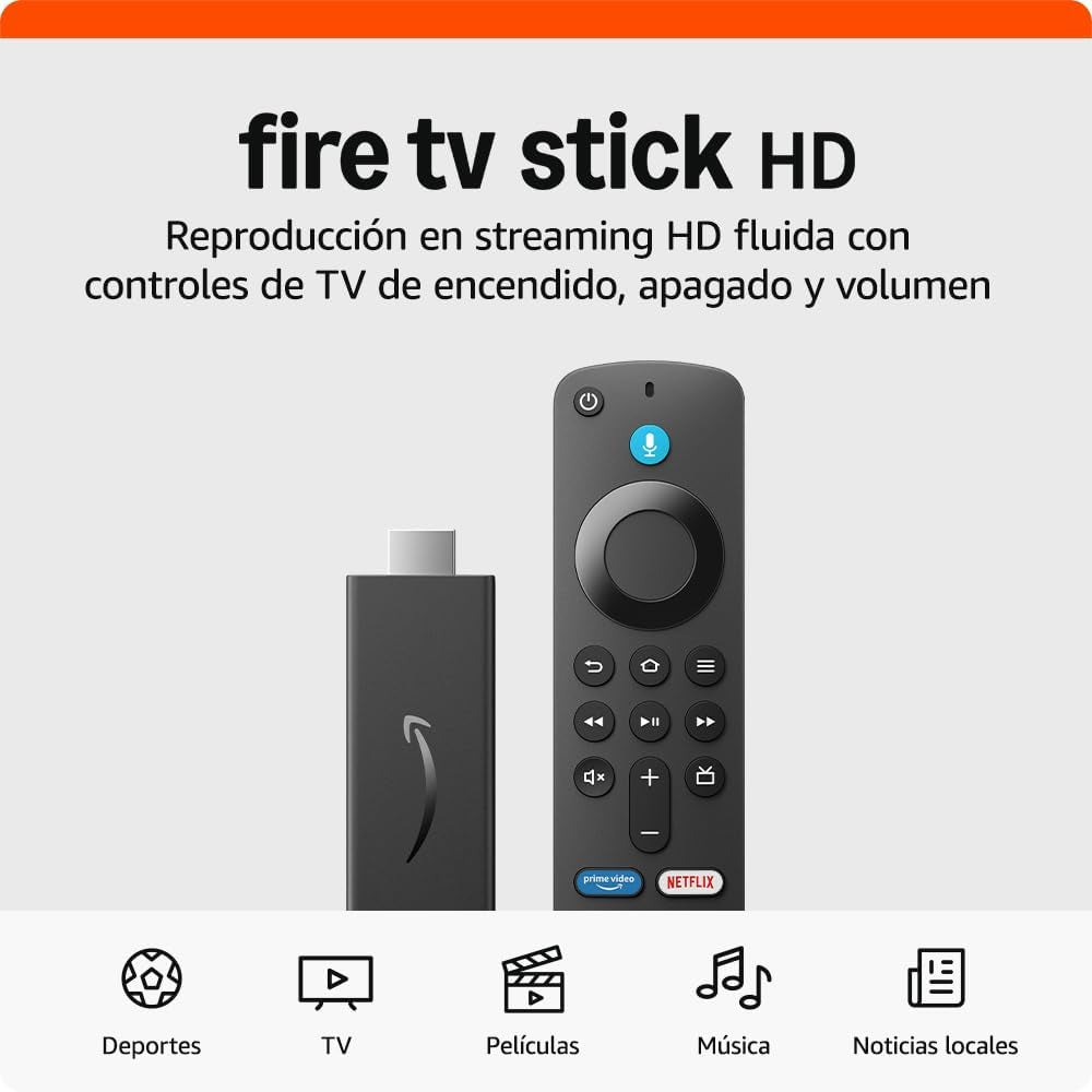 Fire TV Stick HD (Última Generación), Con TV En Directo Gratuita, Mando Por Voz Alexa, Controles De Hogar Digital Y Reproducción En Streaming HD