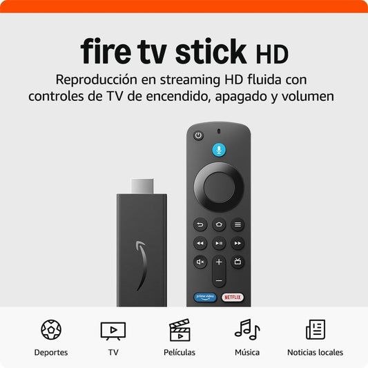 Fire TV Stick HD (Última Generación), Con TV En Directo Gratuita, Mando Por Voz Alexa, Controles De Hogar Digital Y Reproducción En Streaming HD