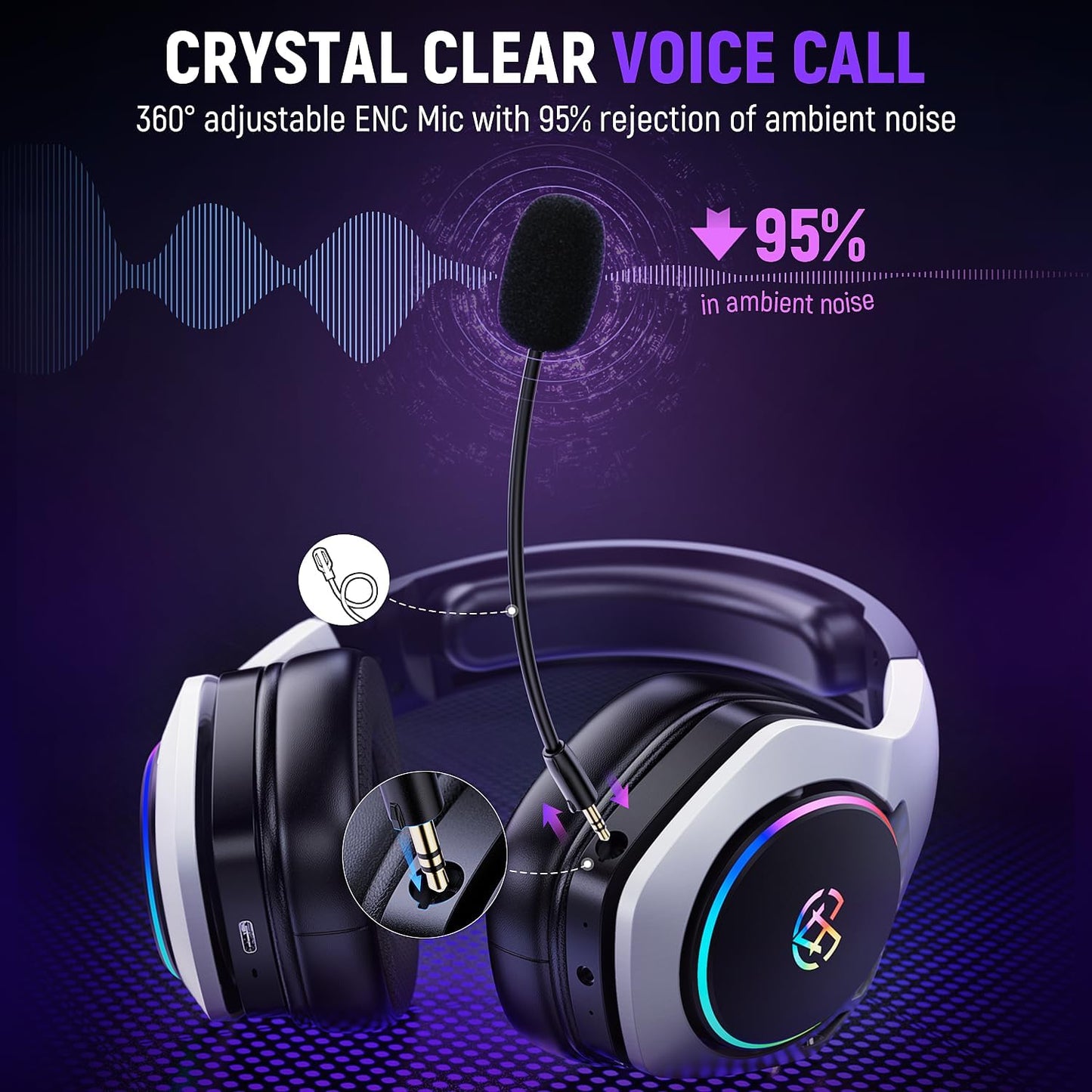 Tatybo Auriculares Gaming Inalámbricos Para Pc/Ps5/Ps4, Cascos Gaming Inalámbricos Con Micro 2.4 Ghz+5.3 Bluetooth Modo Dual, 7.1 Sonido Envolvente, Duración 40Hr+