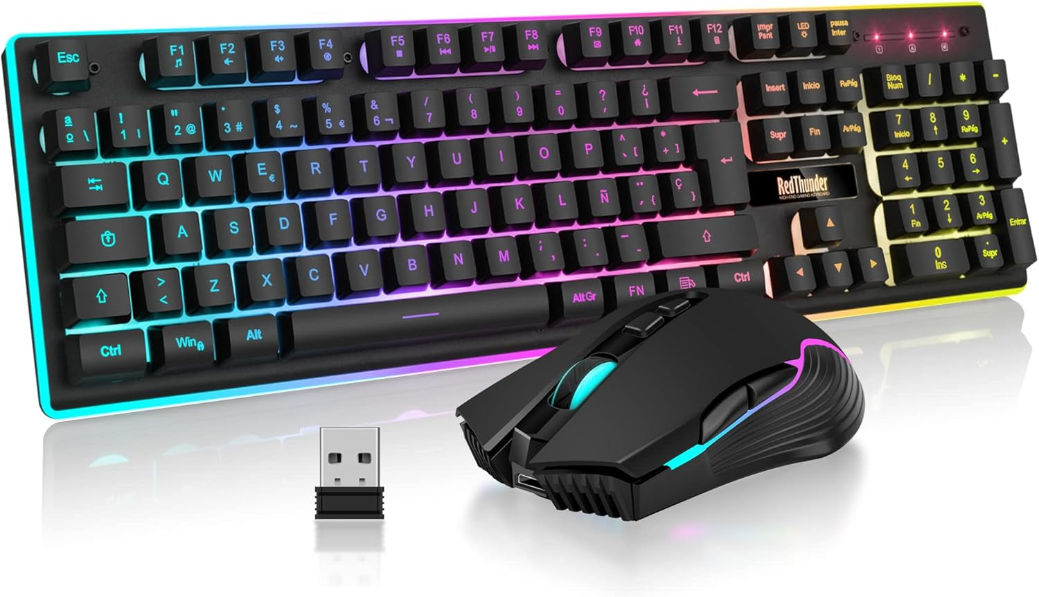 Redthunder K10 Teclado Gaming Sensación Mecánico Lnalámbrico,Retroiluminación Led,Batería Recargable De 3800 Mah, Anti-Ghosting+Ratón 7D 3200Dpi,Disposición Es,Para Pc/Ps5/Xbox-Negro