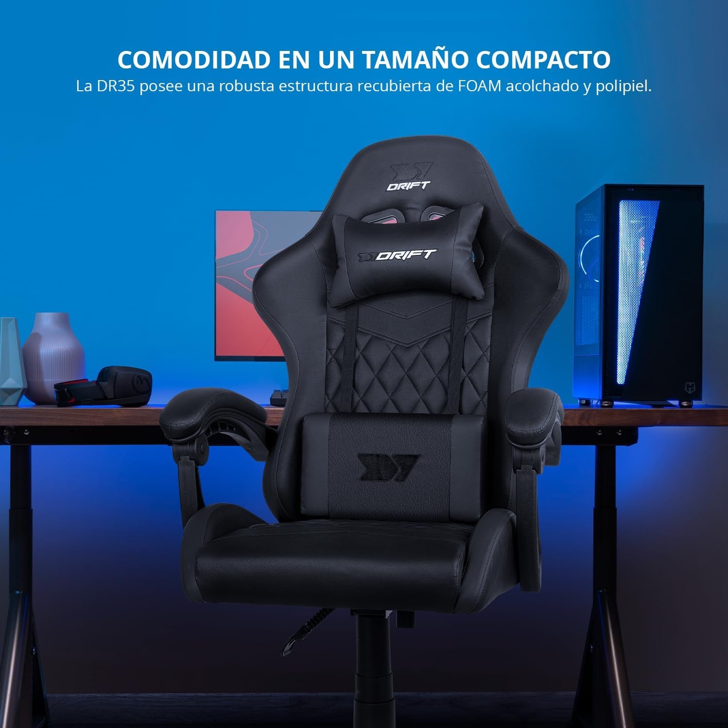 DRIFT GAMING DR35 – Silla Gaming Ergonómica Profesional Con Reposabrazos 2D Ajustables, Soporte Lumbar Y Cervical, Reclinable 135°, Tapizado En Cuero Sintético, Ruedas Silenciosas, Base Robusta, Negro