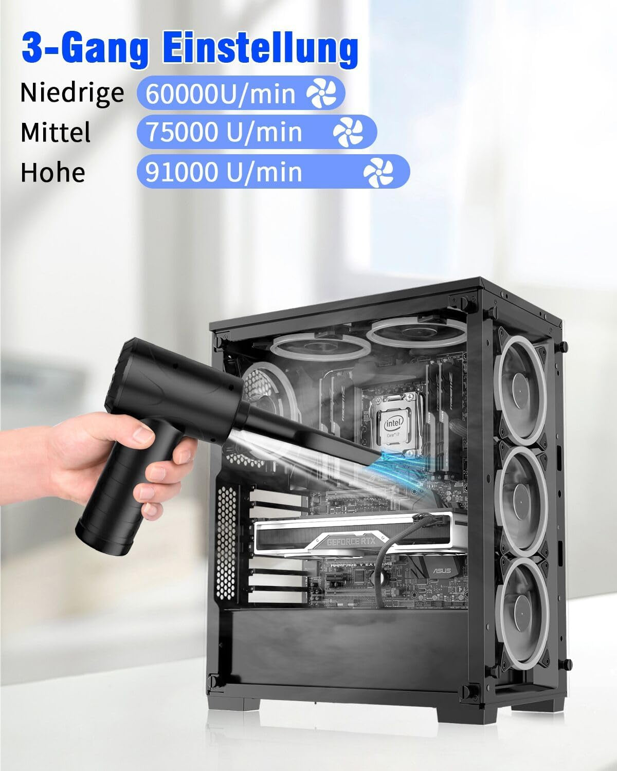 Soplador De Aire Para Pc, 3 Velocidades 91000 U/Min Compressed Air Duster, USB Recargable Plumero Electrico Con Batería De 6000Mah, Soplador Aire Comprimido Para Laptop, Teclado, Coche