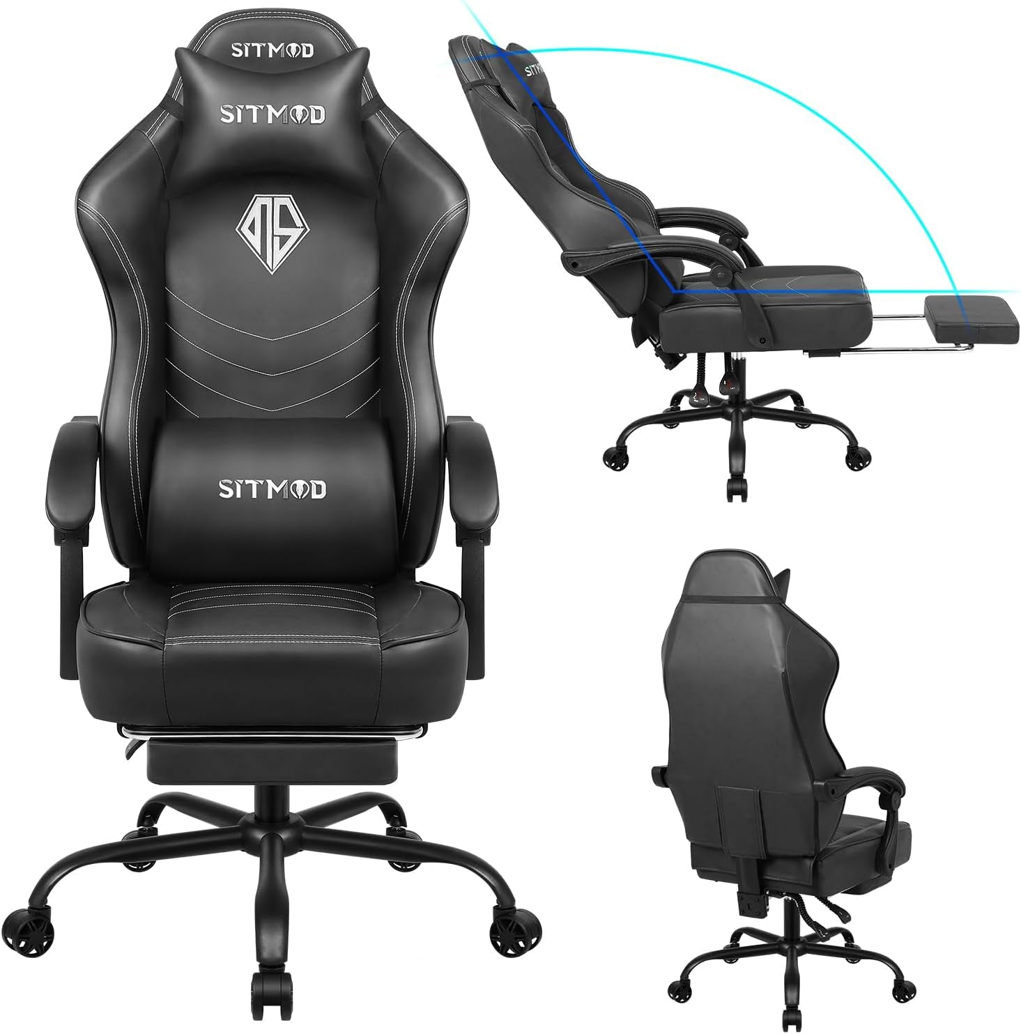 Silla De Juegos Con Reposapiés, Sillas De Trabajo Para Computadora Con Soporte Lumbar Y Reposacabezas, Sillas Grandes Y Altas De Altura Ajustable Con Cojín Giratorio De 360°, Silla De Oficina De Piel