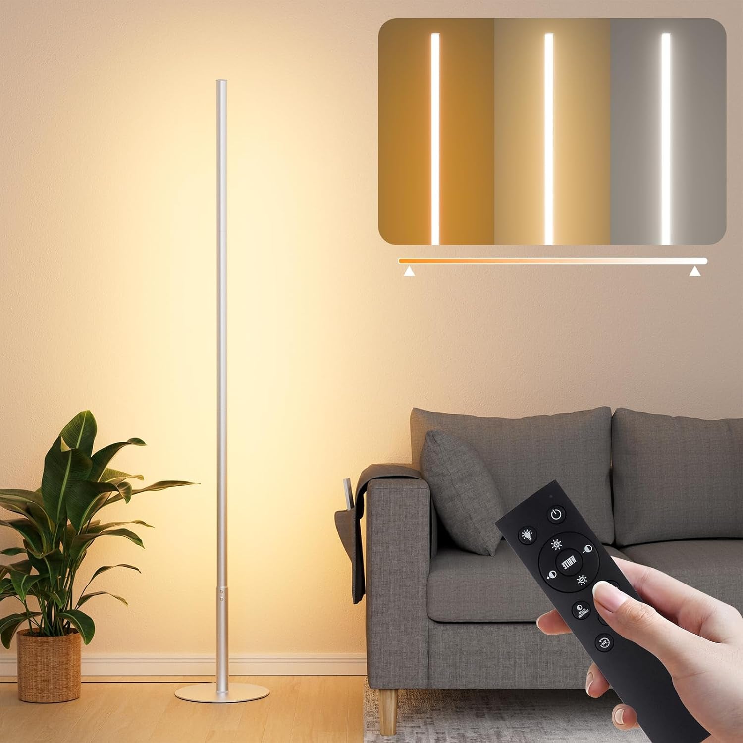 Lámpara De Pie LED, Moderna Lámpara De Pie Salon Regulable Luz Esquina Con Control Remoto, Atenuación Continua Brillo Y Colores 2700K-6500K Función Memoria Columna Luz Para Dormitorio, 147CM