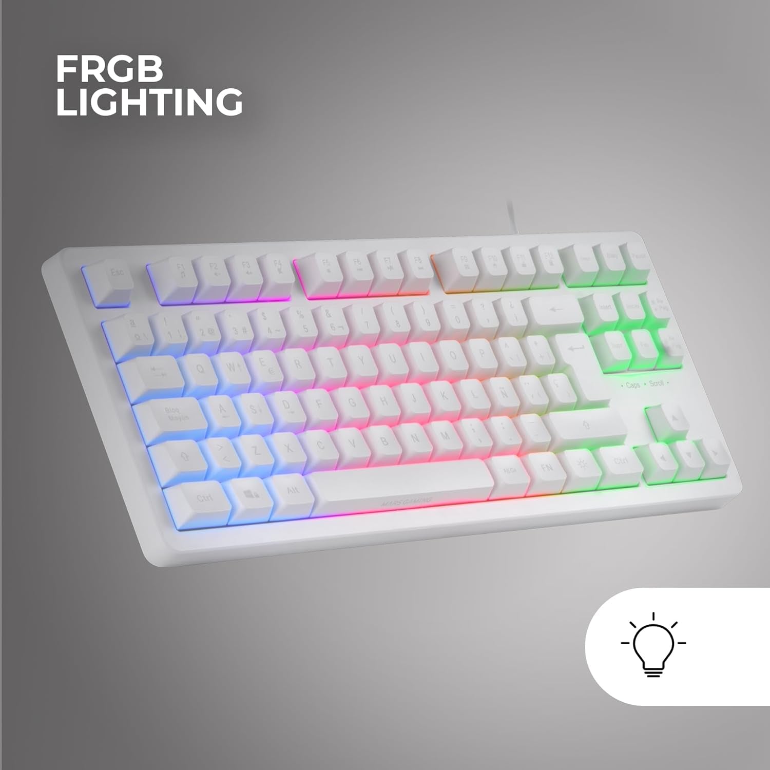 Mars Gaming MK023, Teclado Gaming TKL, Tecnología Híbrida H-Mech, Iluminación FRGB Rainbow, Anti-Ghosting, Compatibilidad Universal, Blanco, Idioma Español