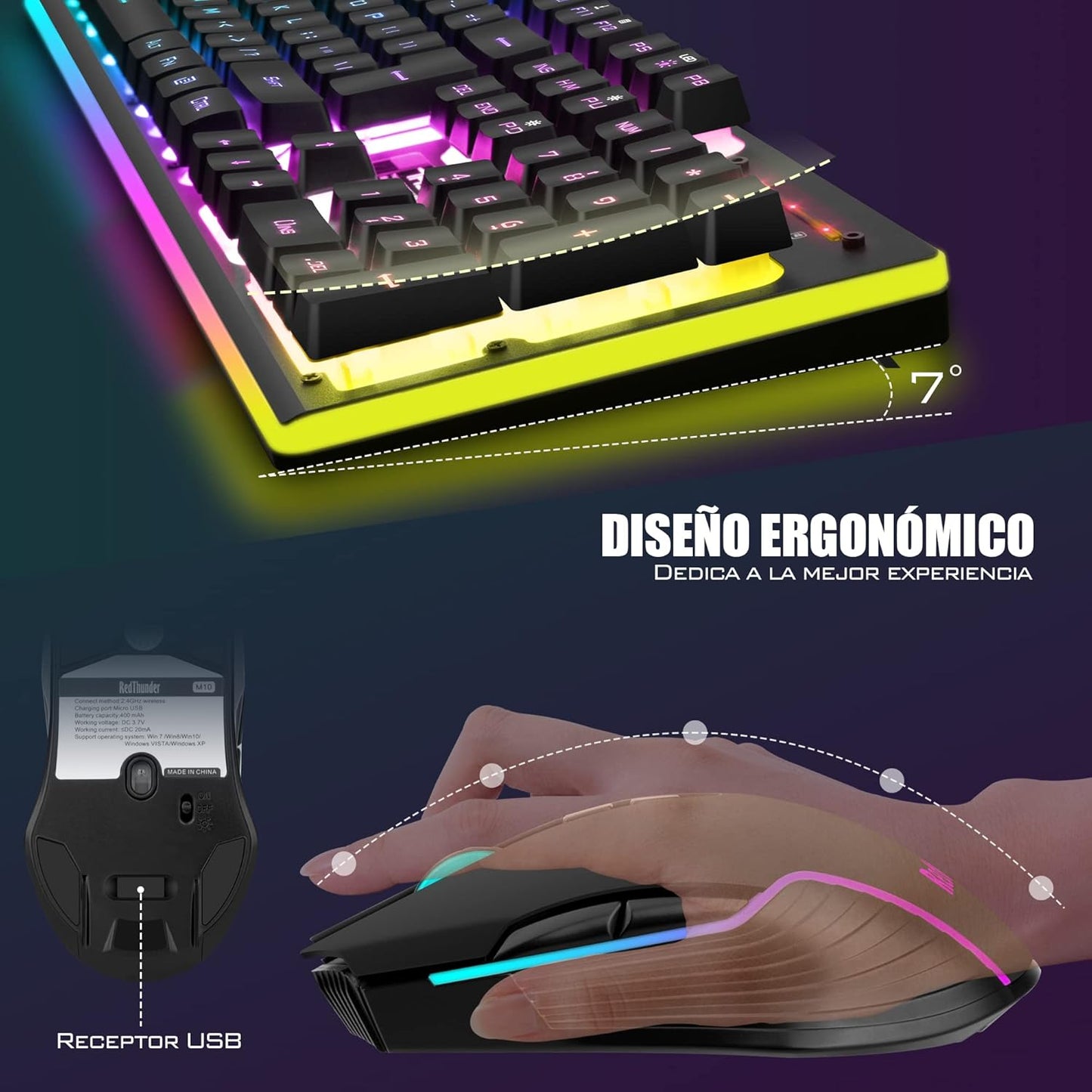 Redthunder K10 Teclado Gaming Sensación Mecánico Lnalámbrico,Retroiluminación Led,Batería Recargable De 3800 Mah, Anti-Ghosting+Ratón 7D 3200Dpi,Disposición Es,Para Pc/Ps5/Xbox-Negro