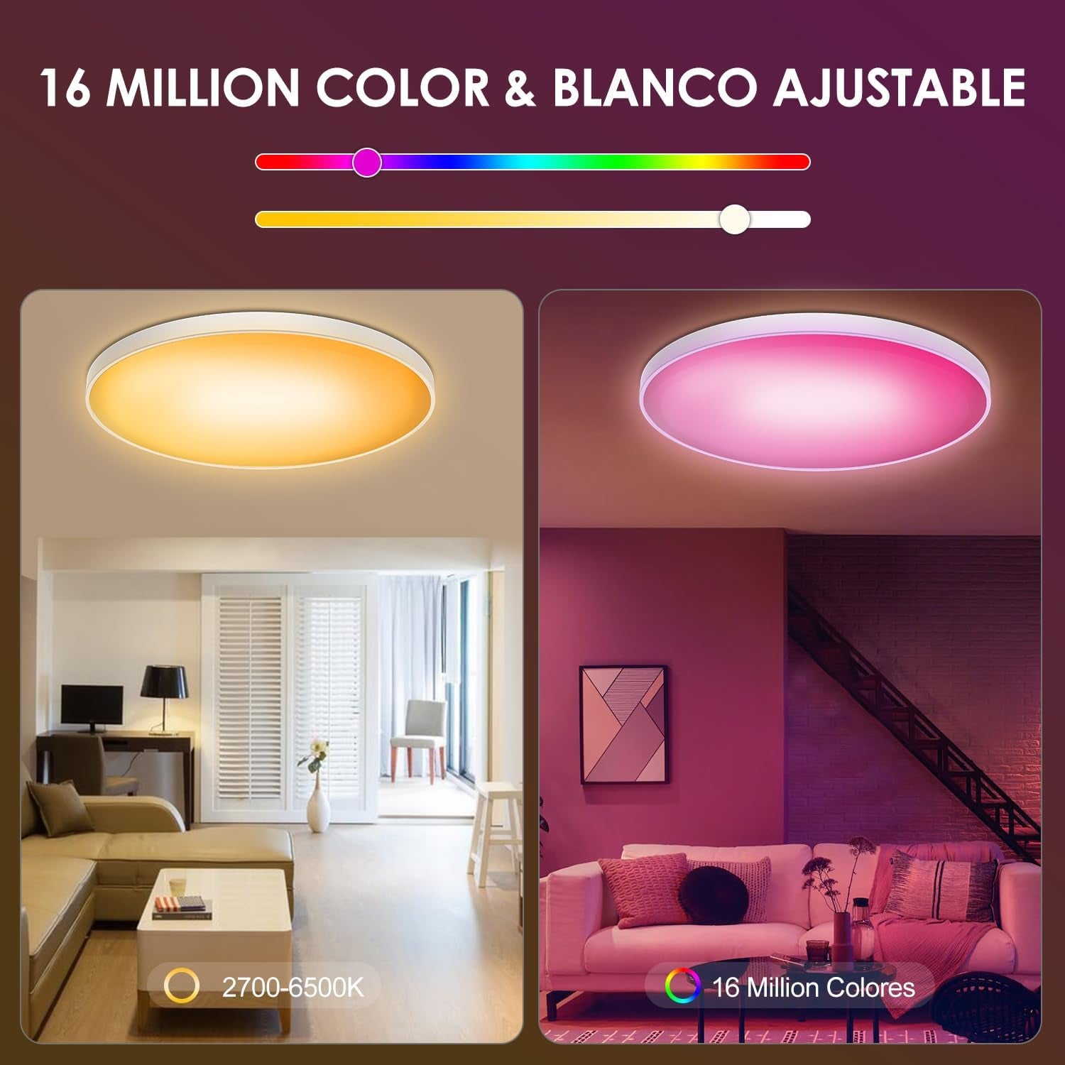 ® Lampara Techo LED 30W, Plafon RGB Redondo 2700K-6500K, Regulable, Compatible Con Alexa, Control APP, Mando a Distancia, Para Dormitorio, Salon, Cocina