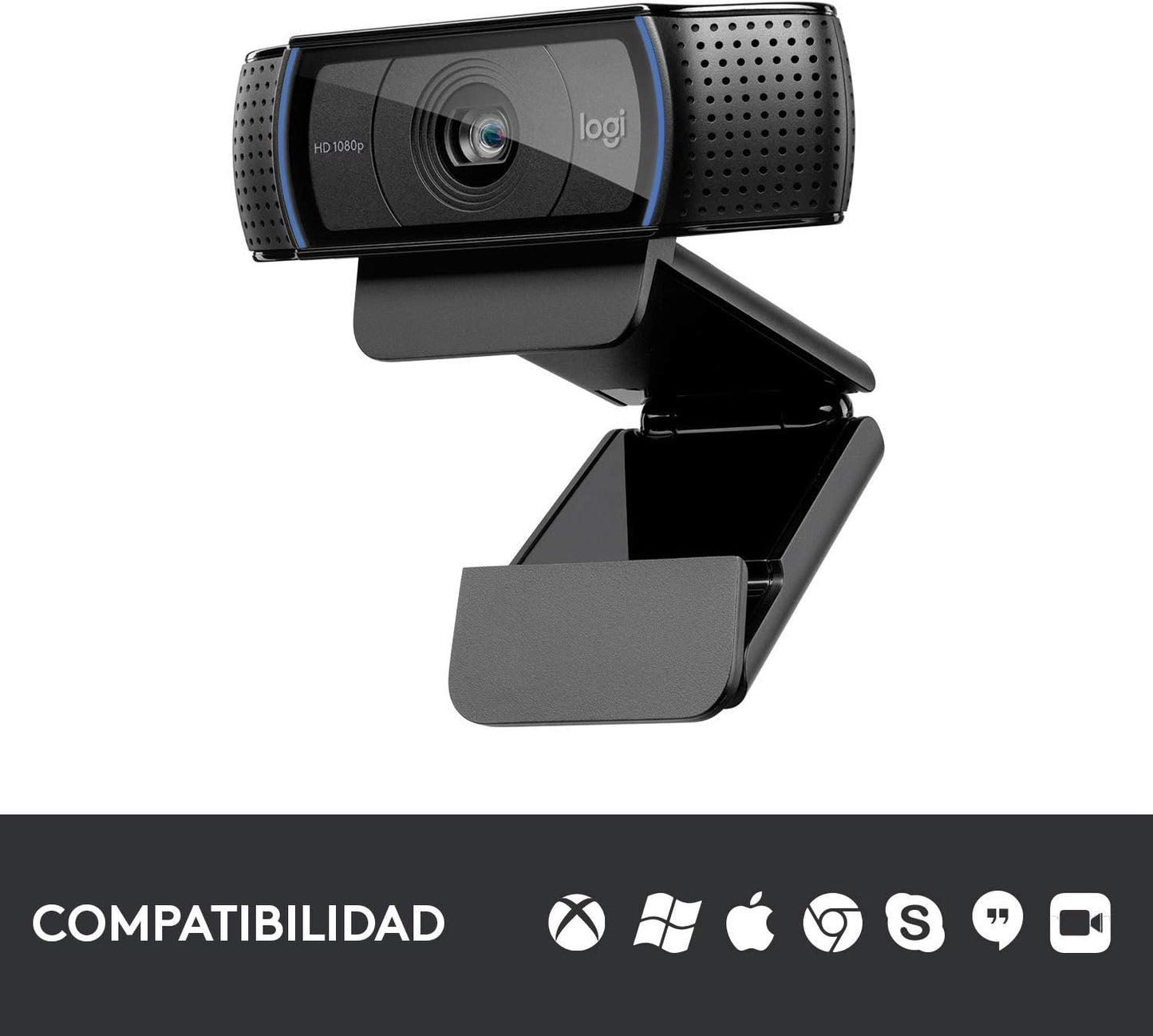 Logitech C920 HD Pro Webcam,Videoconferencias1080P/30 Fps,Sonido Estéreo,Corrección De Iluminación Hd,Skype/Hangouts/Facetime, Pc/Mac/Android/Chromebook, Funcionan Con Teams, Google Meet, Zoom-Negro
