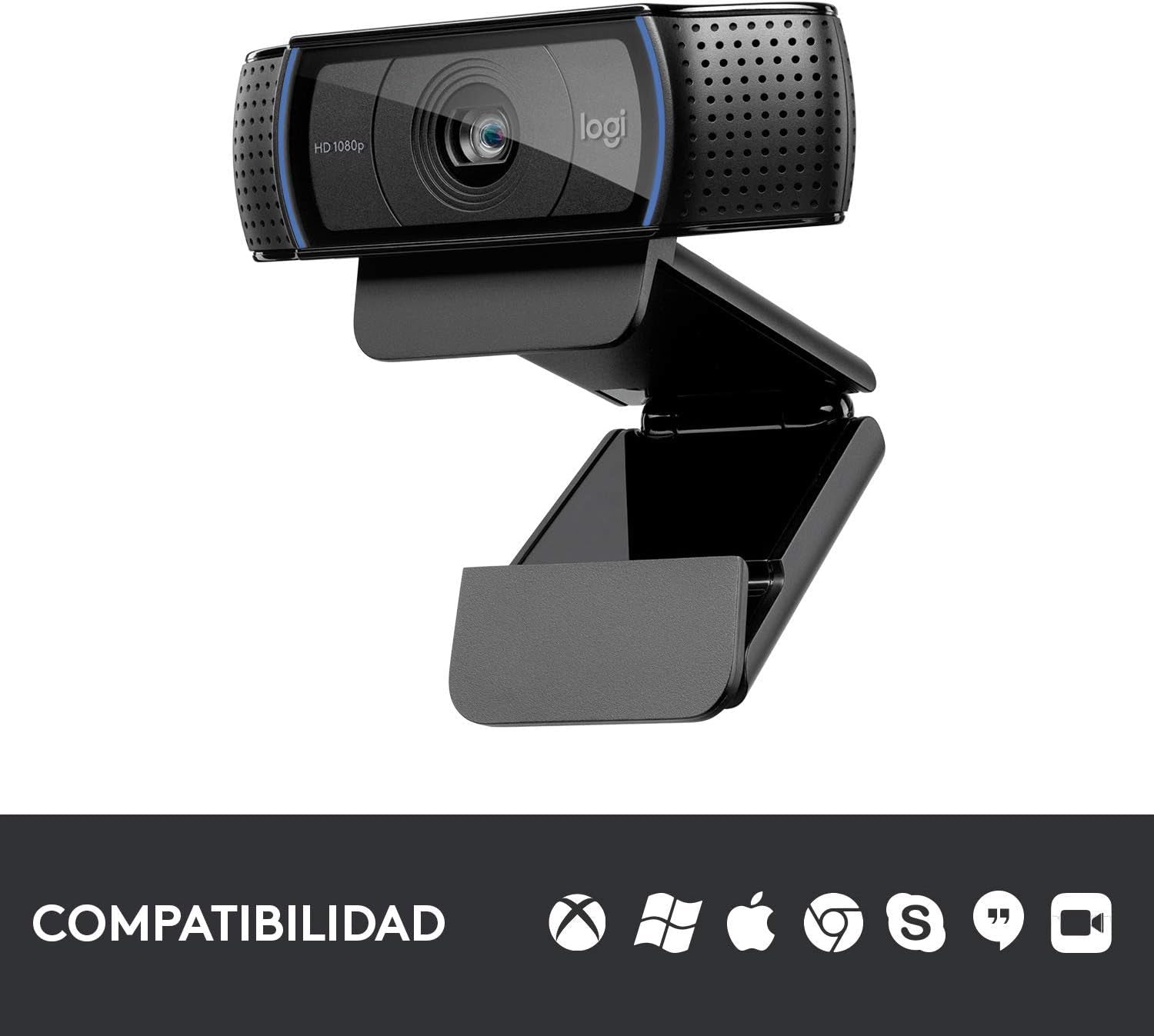 Logitech C920 HD Pro Webcam,Videoconferencias1080P/30 Fps,Sonido Estéreo,Corrección De Iluminación Hd,Skype/Hangouts/Facetime, Pc/Mac/Android/Chromebook, Funcionan Con Teams, Google Meet, Zoom-Negro