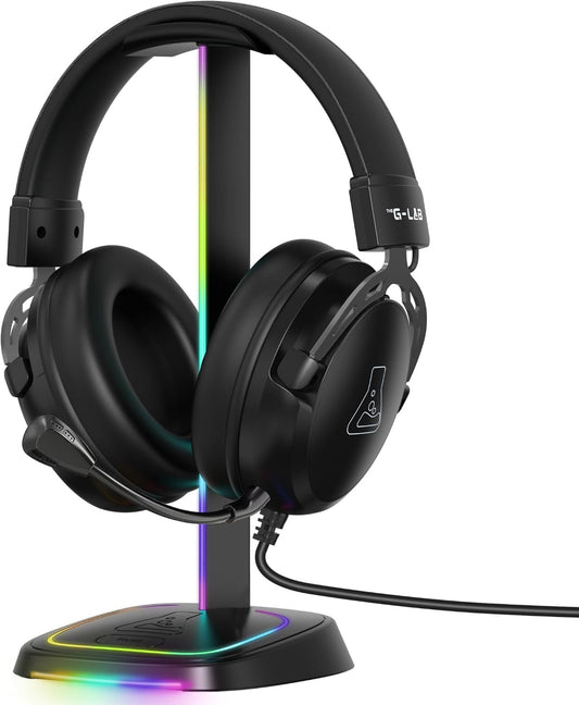 The G-Lab K-Stand Neon RGB HUB – Soporte Auriculares Con Iluminación RGB – Soporte Cascos Gaming Con HUB USB-A/USB-C Y Botón On/Off | Accesorio Gaming Para PC PS5 Xbox Switch – Regalo Gamer | Nuevo