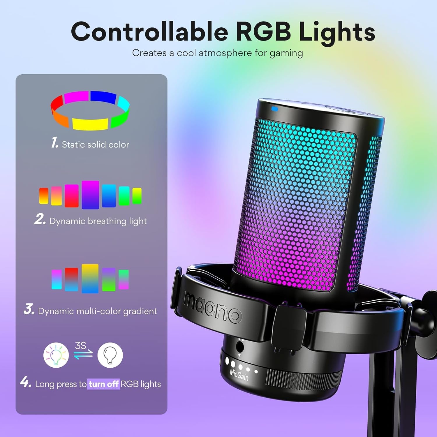MAONO Micrófono Gaming, USB Micrófono Condensador Con Cancelación De Ruido Para Streaming Podcast Studio, Compatible Con Ps5/Ps4/Mac Con Luces RGB Controlables, Botón De Silencio, Control De Ganancia