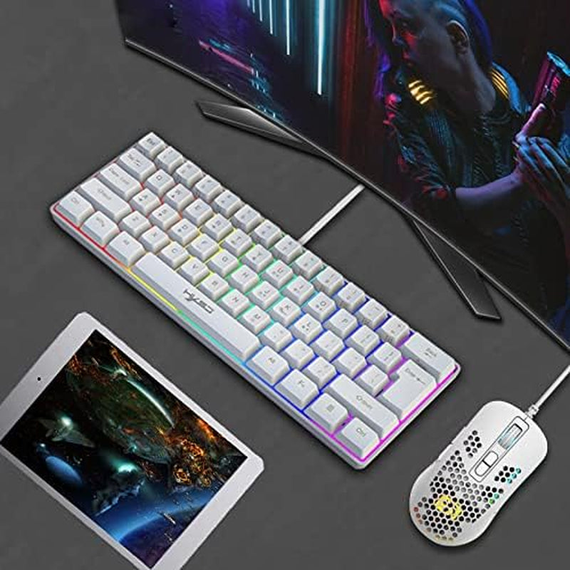 Teclado Compacto Para Juegos 60% Cableado 61 Teclas 11 Efectos De Luz De Fondo RGB Con Teclas Completas Anti-Efecto Fantasma + Ratón De Nido De Abeja Ligero Con Cable De 2400 Ppp+Alfombrilla