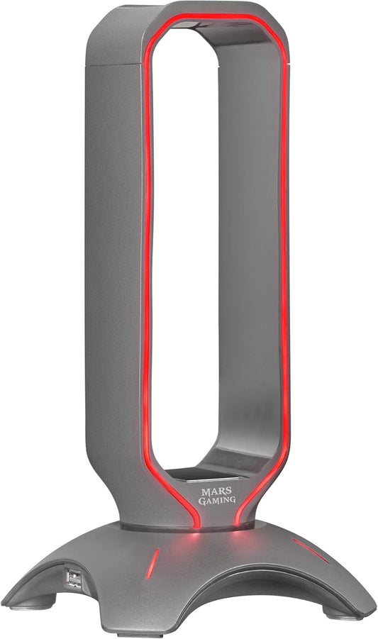 Mars Gaming MHHX, Soporte Para Auriculares Con Iluminación RGB Flow, HUB Con 2 Puertos USB 2.0, Diseño Vertical Compacto, Base Antideslizante Y Curvatura Protectora, Grafito