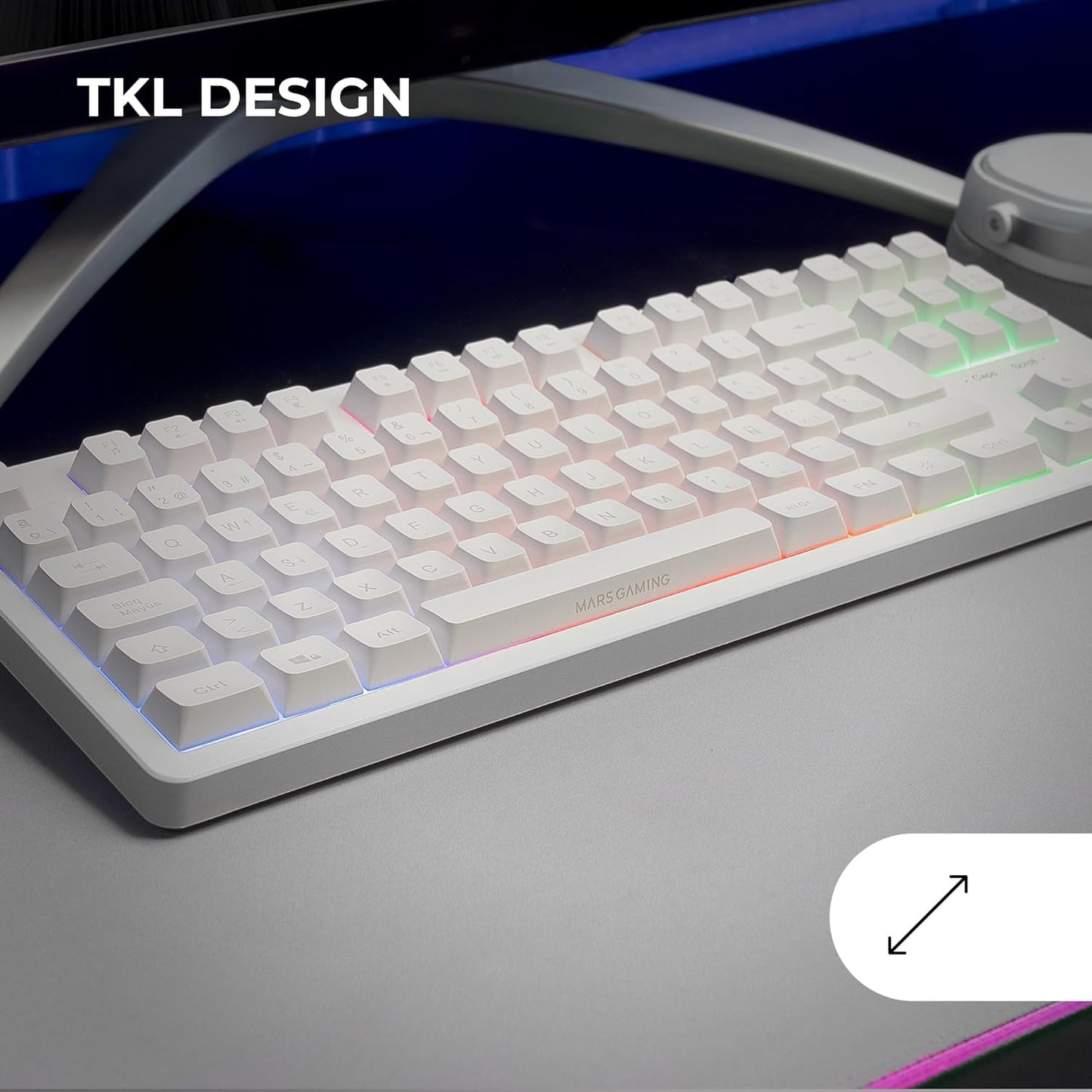 Mars Gaming MK023, Teclado Gaming TKL, Tecnología Híbrida H-Mech, Iluminación FRGB Rainbow, Anti-Ghosting, Compatibilidad Universal, Blanco, Idioma Español