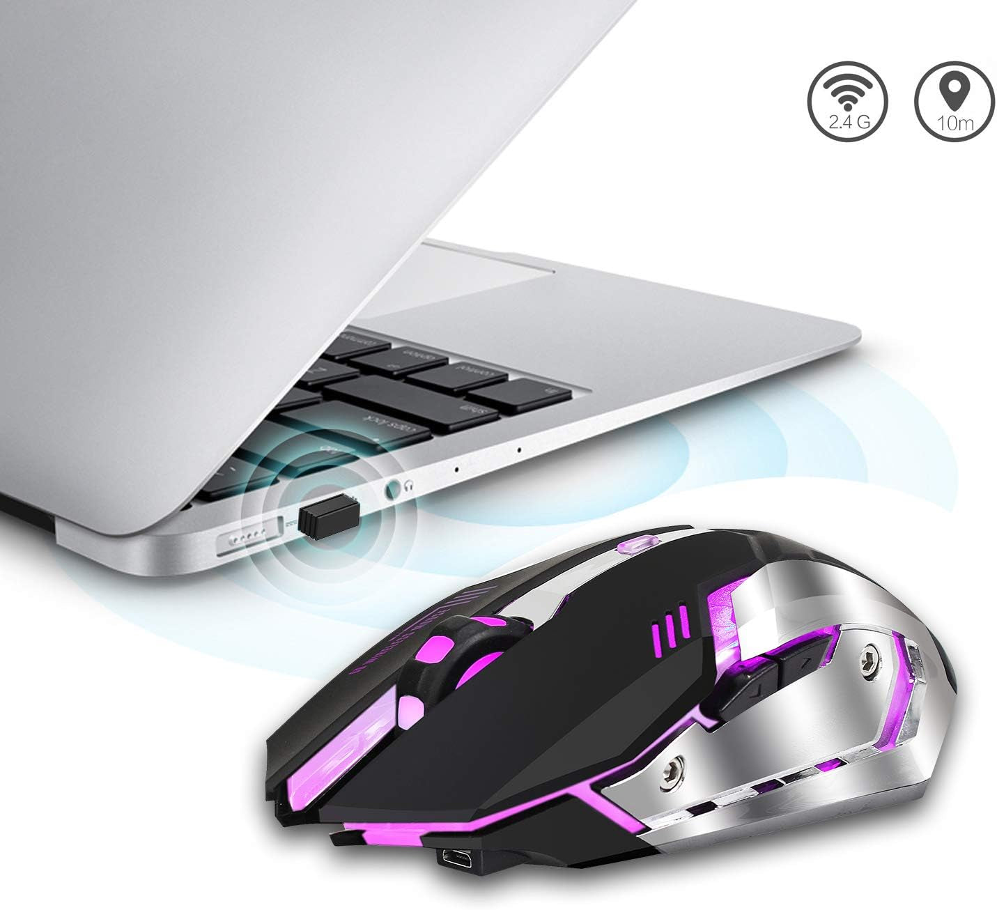 Zienstar-Recargable Ratón Para Gamer Inalámbrico 2.4Ghz Con Receptor USB,7 Colores Retroiluminado-Negro Plateado