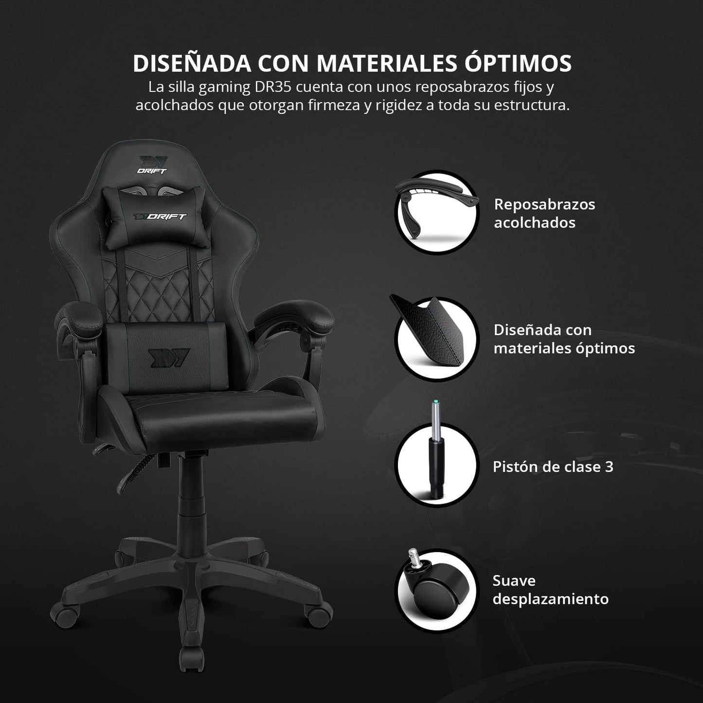 DRIFT GAMING DR35 – Silla Gaming Ergonómica Profesional Con Reposabrazos 2D Ajustables, Soporte Lumbar Y Cervical, Reclinable 135°, Tapizado En Cuero Sintético, Ruedas Silenciosas, Base Robusta, Negro