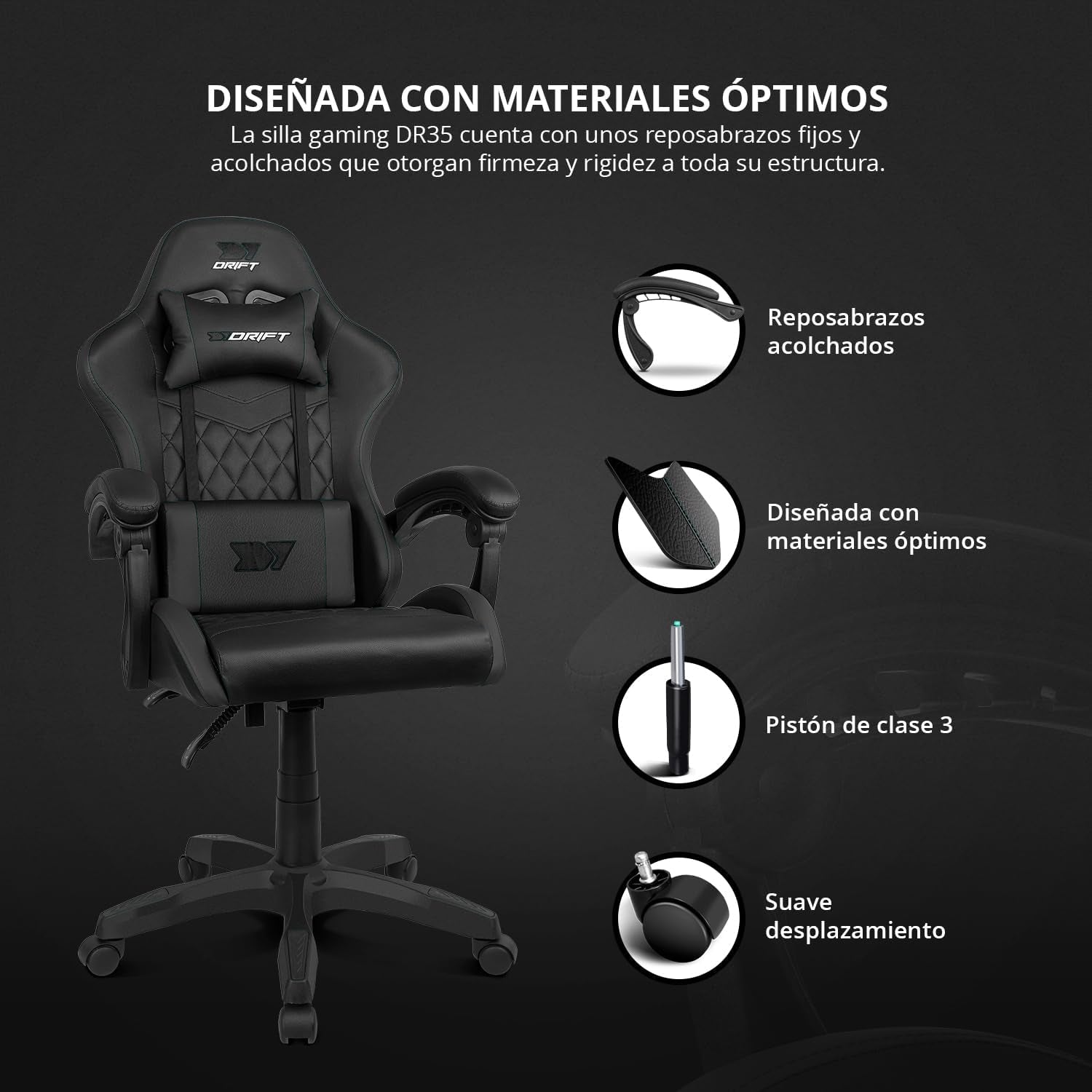 DRIFT GAMING DR35 – Silla Gaming Ergonómica Profesional Con Reposabrazos 2D Ajustables, Soporte Lumbar Y Cervical, Reclinable 135°, Tapizado En Cuero Sintético, Ruedas Silenciosas, Base Robusta, Negro