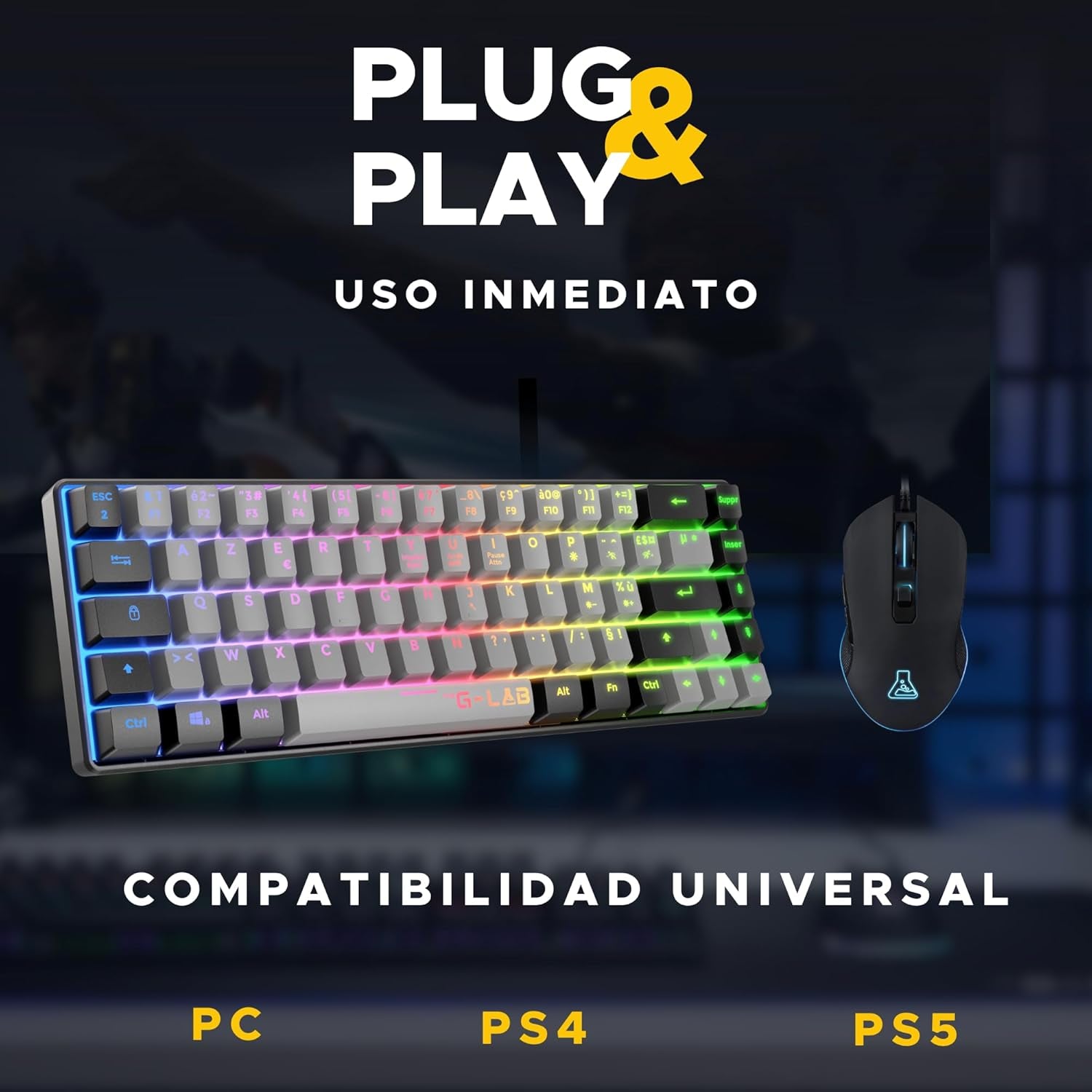 The G-Lab - Combo Hydrogen - Teclado Y Raton Gaming, Teclado Gaming 65% Con Cable, Retroiluminación RGB, QWERTY, Formato Compacto + Ratón Gaming RGB, 6 Botones, 6400 Dpi - Compatible Con PC/PS4/PS5