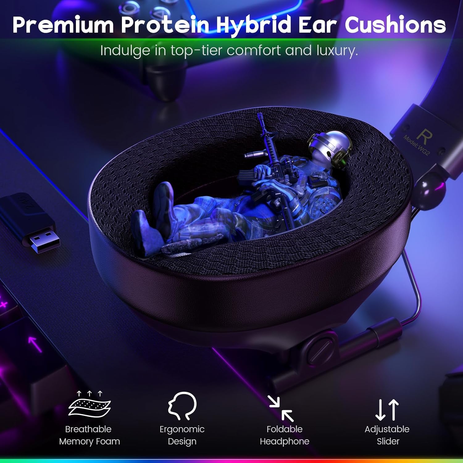 WESEARY WG2 Cascos Gaming Inalambricos, Auriculares Gaming Inalambricos De 2.4G Para PS5, PS4, PC, Switch, Sonido Estéreo Auriculares Con Microfono, Cascos Con Luz LED, Duración 50Hr+
