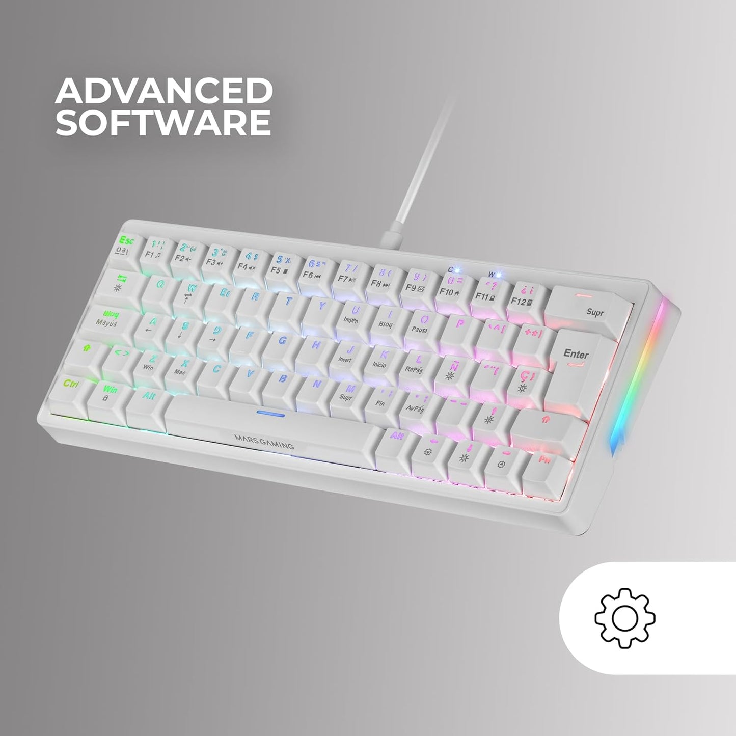 Mars Gaming MKMINIPRO, Teclado Mecánico Ultra-Compacto 60%, Switches Mecánicos Hot-Swappable, Iluminación RGB Chroma, Teclado Gaming Antighosting, Multiplataforma, Switch Marrón, Portugués, Blanco