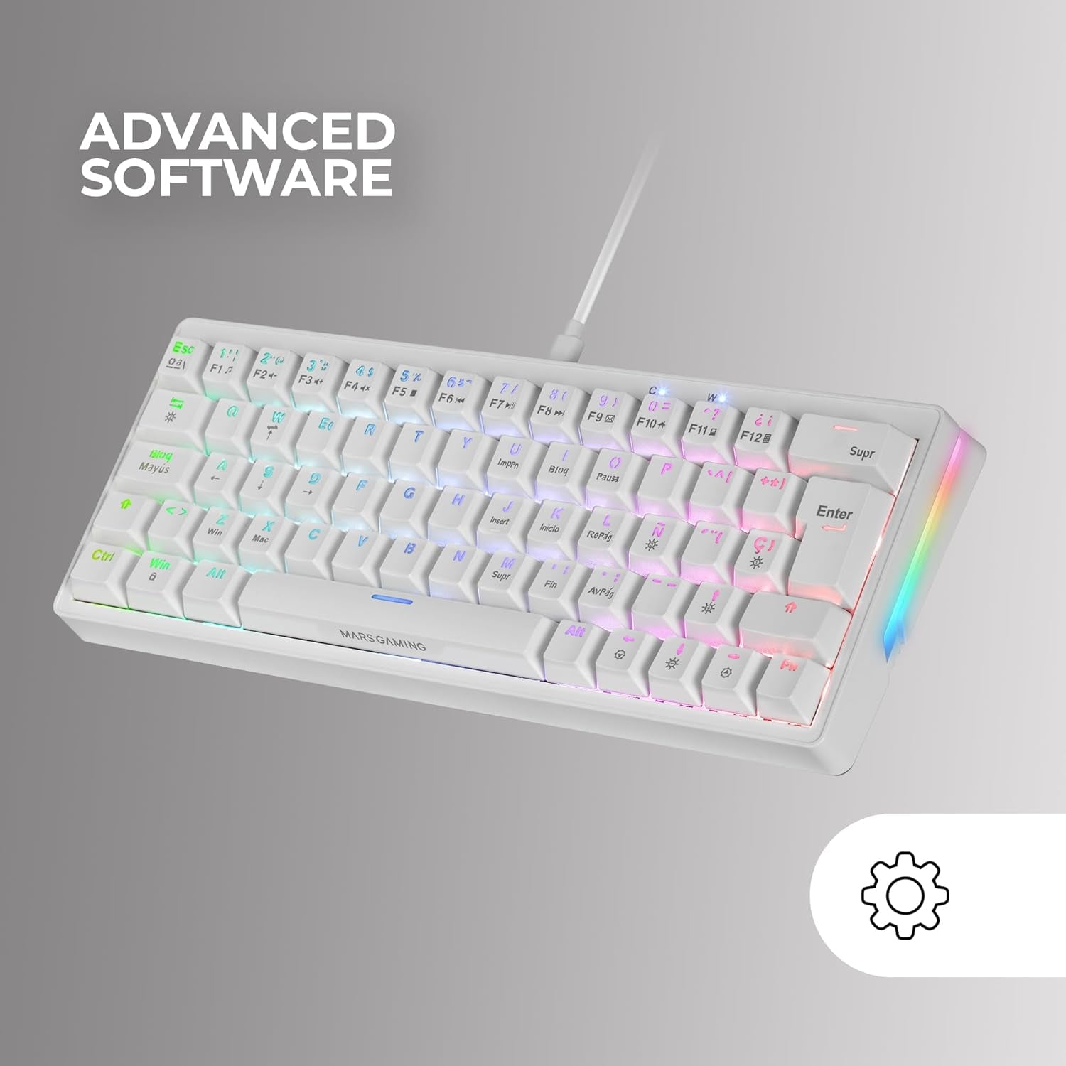 Mars Gaming MKMINIPRO, Teclado Mecánico Ultra-Compacto 60%, Switches Mecánicos Hot-Swappable, Iluminación RGB Chroma, Teclado Gaming Antighosting, Multiplataforma, Switch Marrón, Portugués, Blanco
