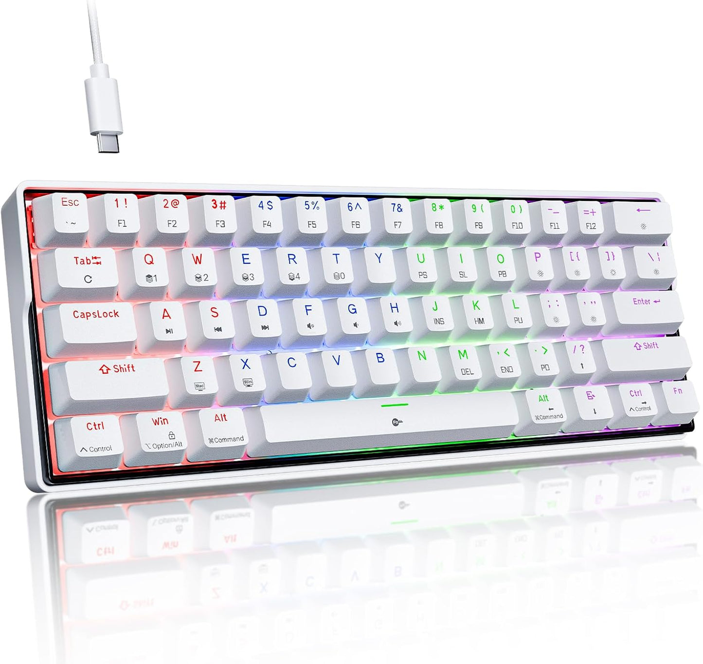 K61SE Teclado Mecánico Gaming, 60% Teclado Compacto De 61 Teclas RGB Retroiluminación N-Key Rollover USB Cable Teclado Oficina Con Interruptor Rojo Para Mac Windows-Us Layout, Blanco