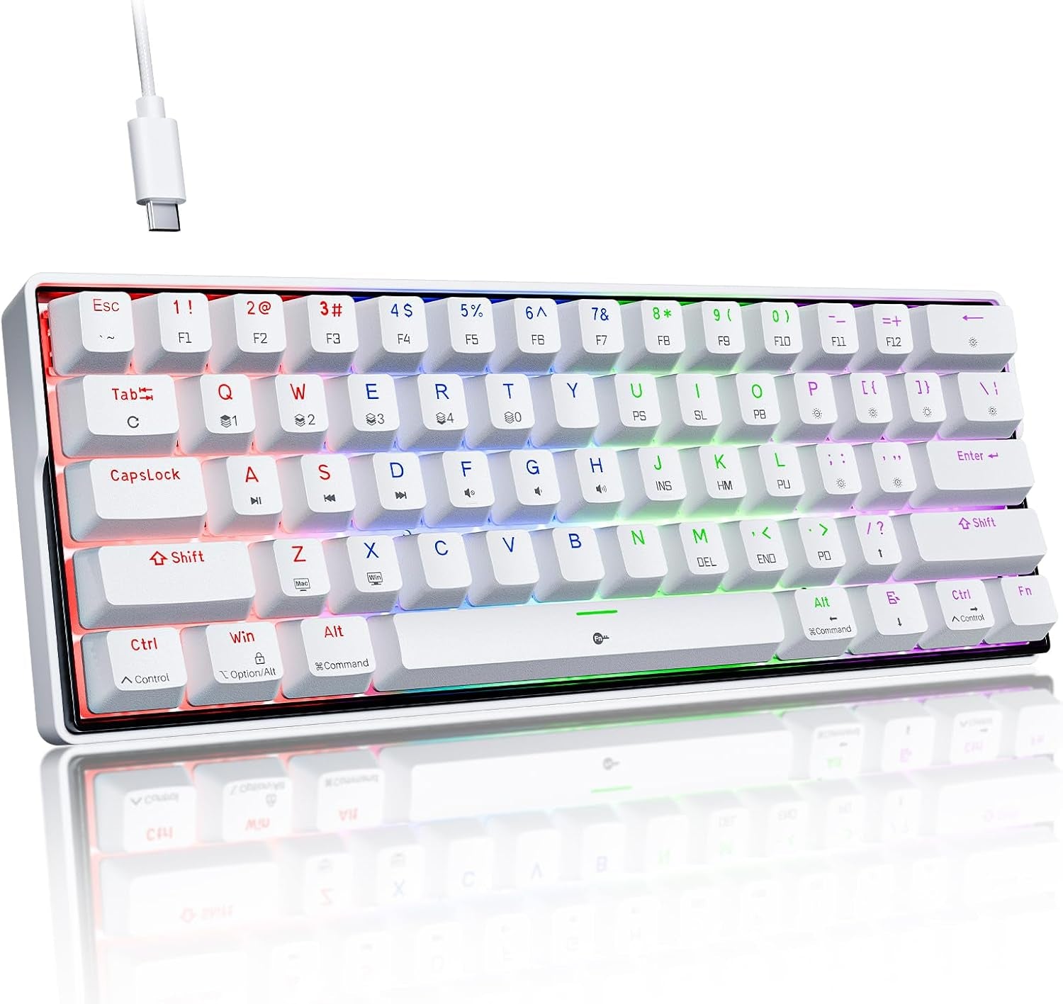 K61SE Teclado Mecánico Gaming, 60% Teclado Compacto De 61 Teclas RGB Retroiluminación N-Key Rollover USB Cable Teclado Oficina Con Interruptor Rojo Para Mac Windows-Us Layout, Blanco