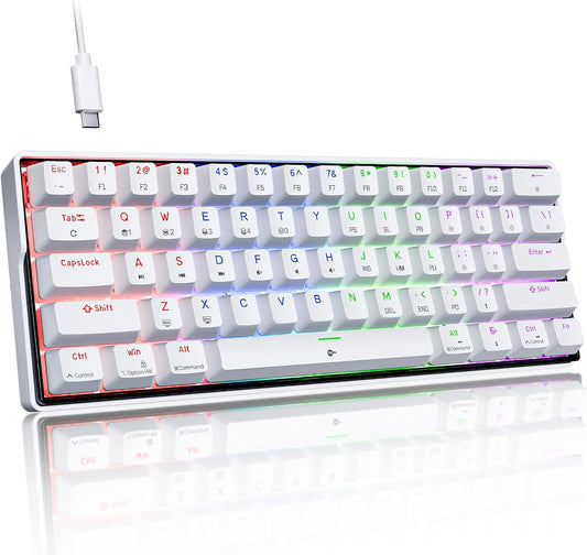 K61SE Teclado Mecánico Gaming, 60% Teclado Compacto De 61 Teclas RGB Retroiluminación N-Key Rollover USB Cable Teclado Oficina Con Interruptor Rojo Para Mac Windows-Us Layout, Blanco