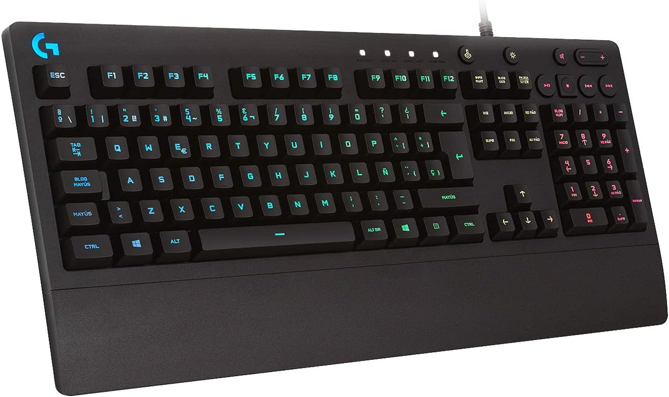 Logitech G213 Prodigy Teclado Gaming Con Reposamuñecas, RGB LIGHTSYNC, Teclas Retroiluminadas Y Personalizables, Resistente a Salpicaduras, Controles Multimedia Dedicados, Disposición QWERTY ES