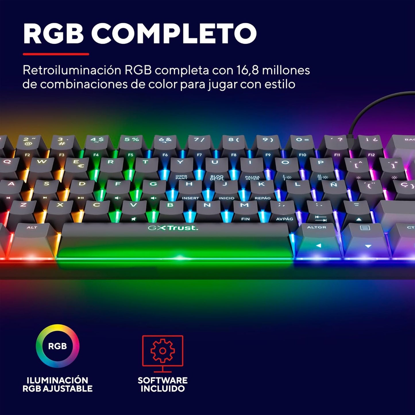 Trust Gaming GXT 867 Acira Teclado Mecánico 60% Español QWERTY, Teclas De Doble Función, Iluminación RGB, Mini Teclado Gaming Compacto Programmable Con Cable USB PC Portátil - Negro/Gris