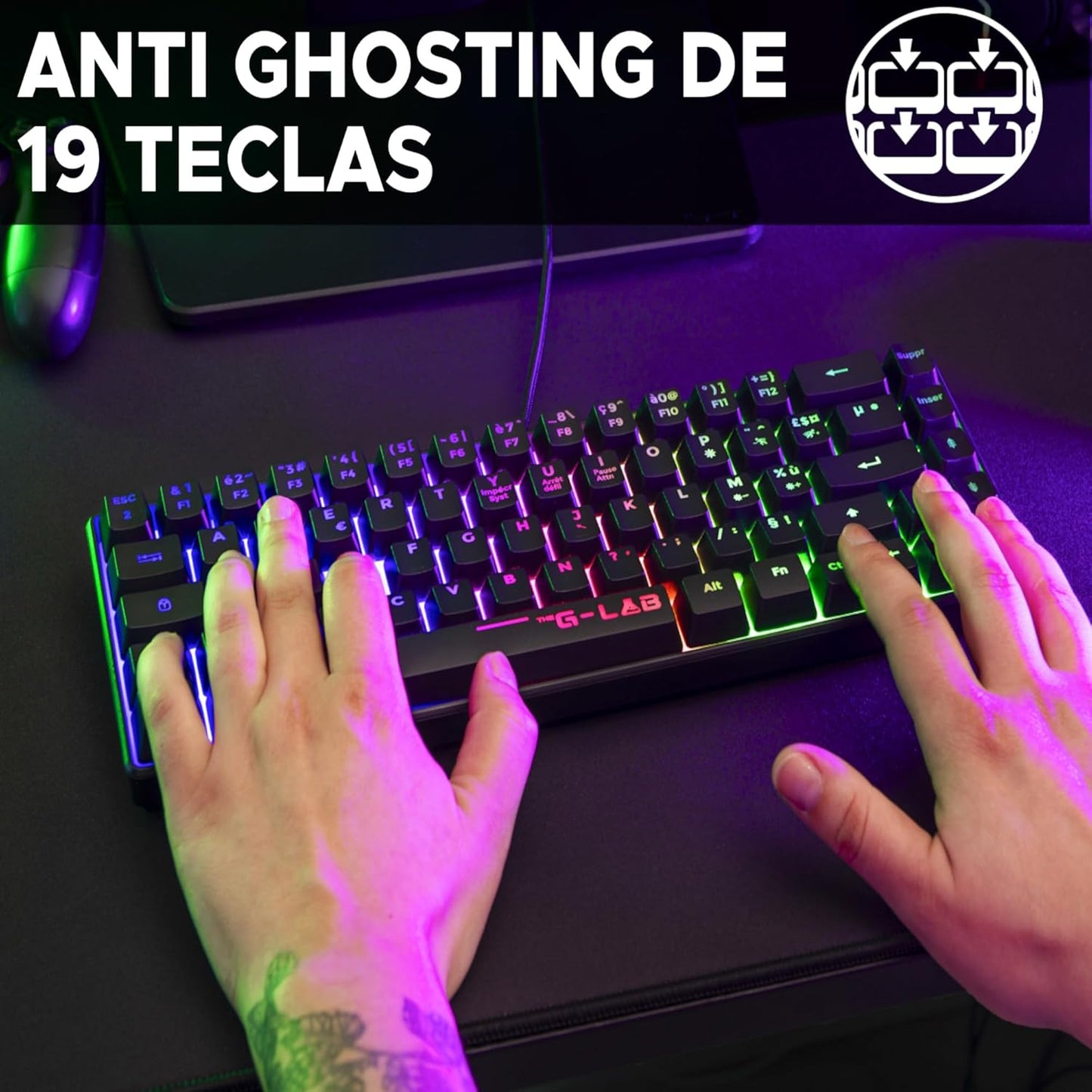 The G-Lab Keyz Hydrogen - Teclado Gaming Qwert - Incluye Ñ - Teclado Para Juegos Semi Mecanico - Teclado Gamer 60%, Retroiluminación Multicolor - Mini Teclado Gamer Silencioso, Para PC,PS4,PS5