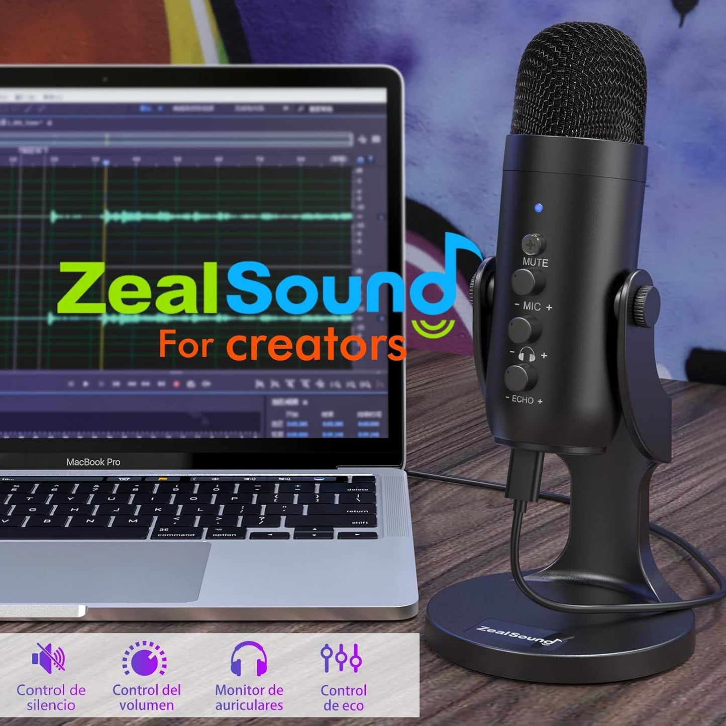 Zealsound Micrófono Condensador,Micrófono PC Usb,Micrófono Gaming, Adaptador Teléfono Para *Phone, Micrófono De Grabación Profesional,Silencio,Reducción De Ruido,Estúdio/Youtuber/Streaming/Podcast