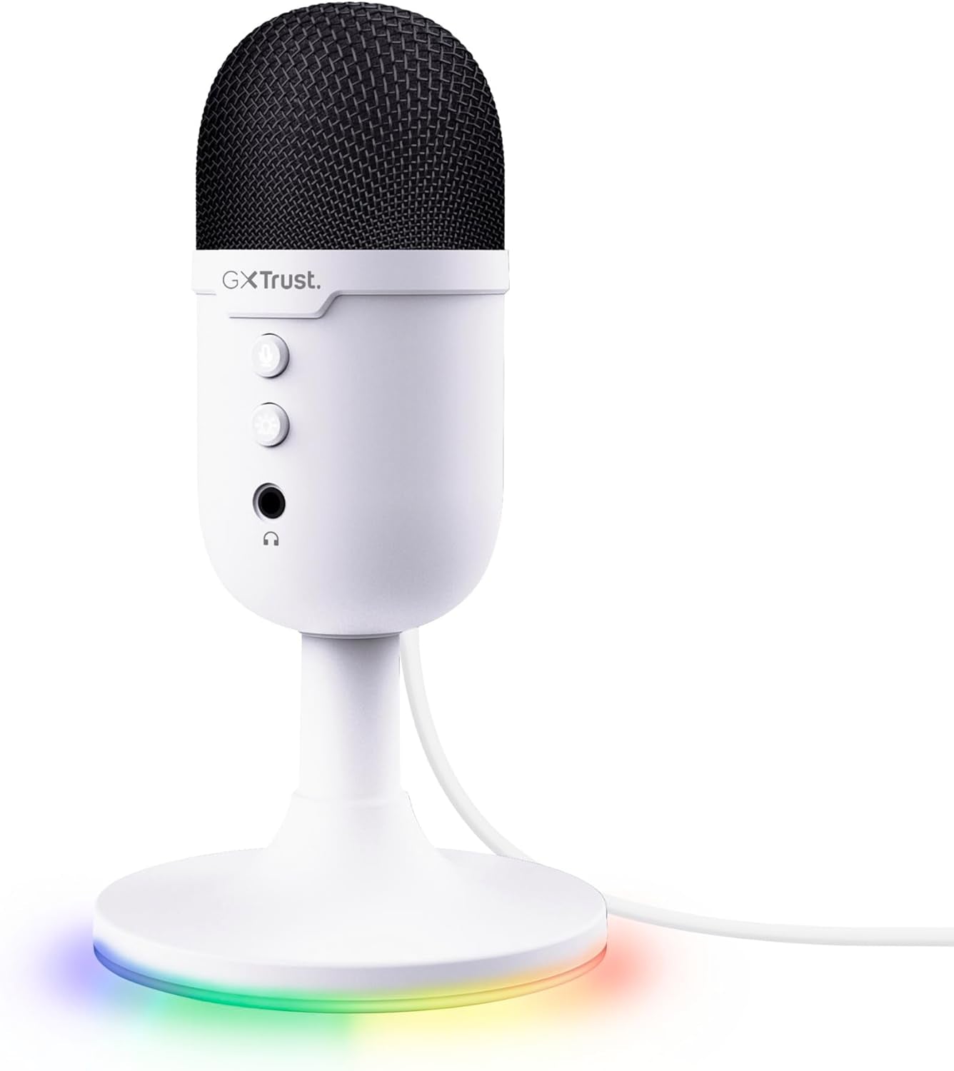 Trust Gaming GXT 236W Yami Micrófono PC USB Para Streaming Podcast Twitch Discord ASMR Youtube Playstation 5 Juegos, Micrófono De Condensador Cardioide, Micro Con Iluminación LED RGB - Blanco