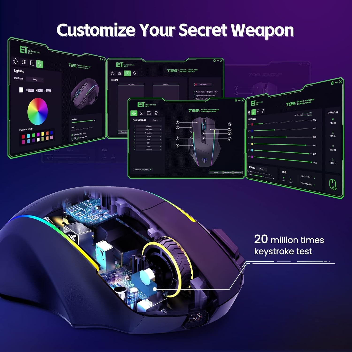 3 Wireless - Ratón Para Gaming, Tri-Mode 2.4G/Usb-C/Bluetooth Mouse Hasta 10000DPI, Chroma RGB Retroiluminado, Ratón Ergonómico Con 8 Botones Programables, Memoria Incorporada, PC, Mac Gamer