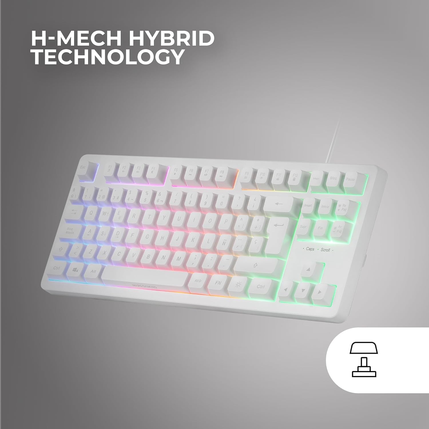 Mars Gaming MK023, Teclado Gaming TKL, Tecnología Híbrida H-Mech, Iluminación FRGB Rainbow, Anti-Ghosting, Compatibilidad Universal, Blanco, Idioma Español