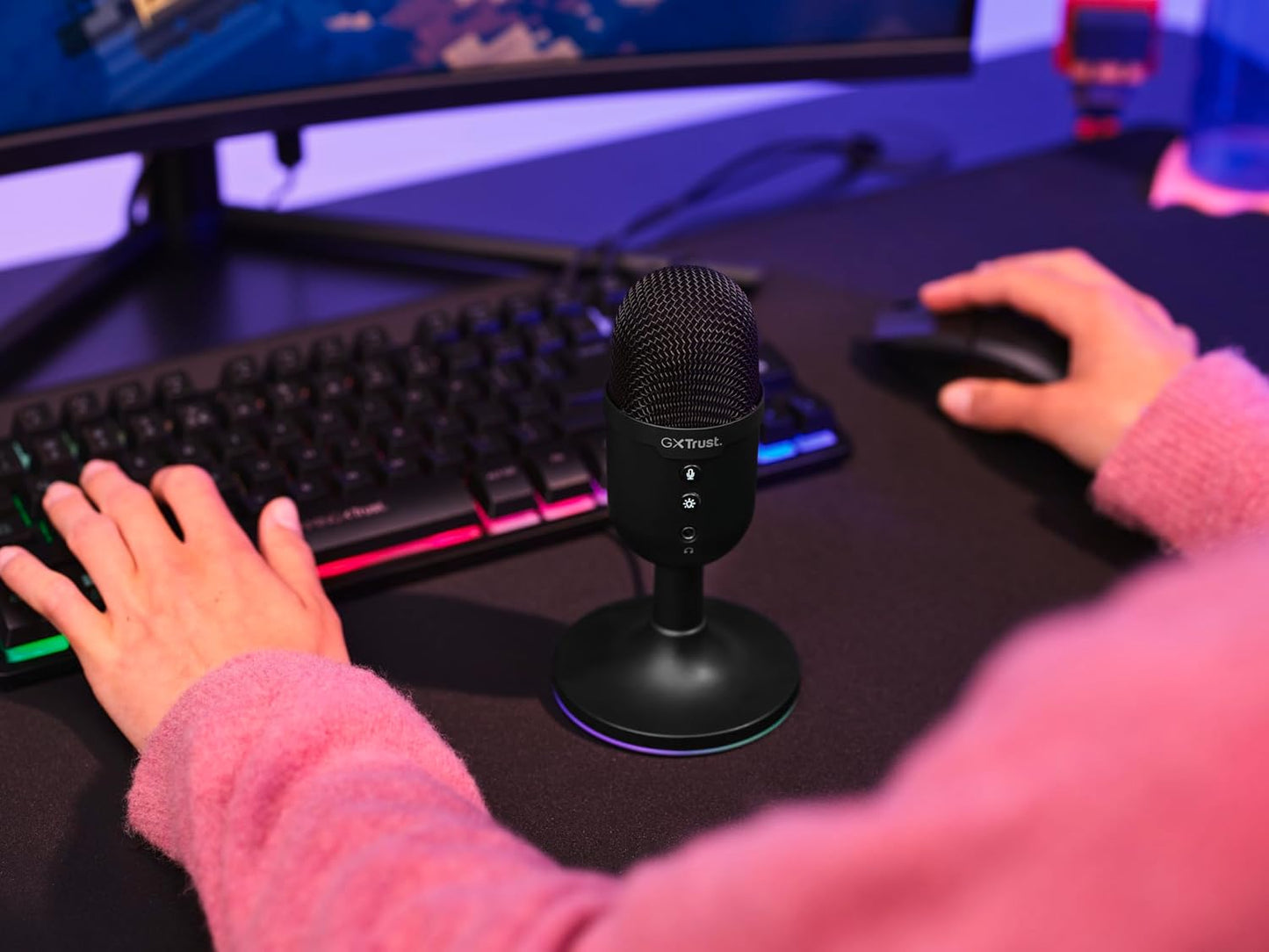 Trust Gaming GXT 236 Yami Micrófono PC USB Para Streaming Podcast Twitch Discord ASMR Youtube Playstation 5 Juegos, Micrófono De Condensador Cardioide, Micro Con Iluminación LED RGB - Negro