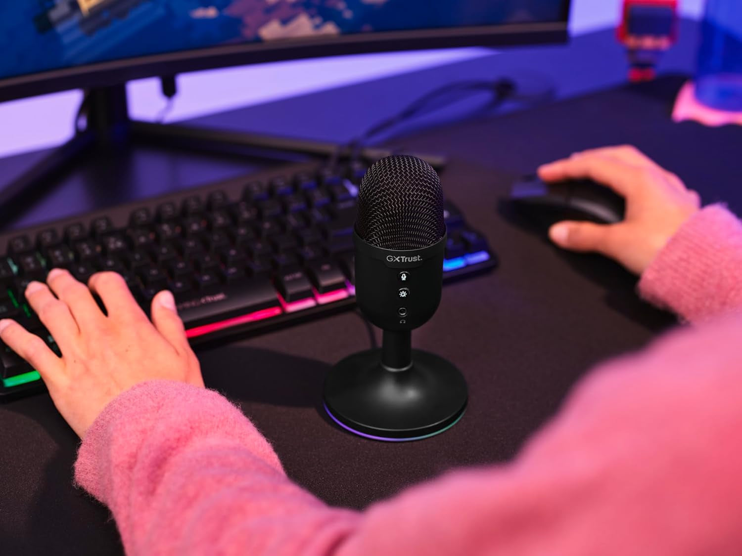 Trust Gaming GXT 236 Yami Micrófono PC USB Para Streaming Podcast Twitch Discord ASMR Youtube Playstation 5 Juegos, Micrófono De Condensador Cardioide, Micro Con Iluminación LED RGB - Negro
