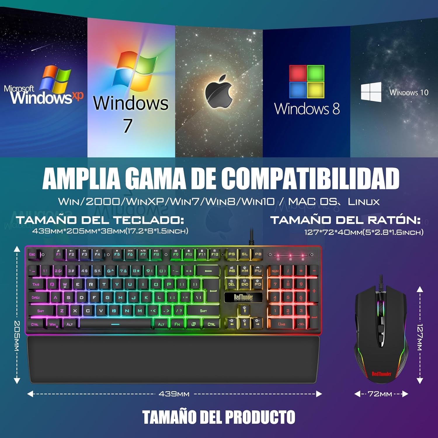 Redthunder K10 Juego 3 En 1 De Teclado, Ratón Y Reposamuñecas De Cuero, Retroiluminación RGB + Tacto Mecánico, Teclas Anti-Ghosting + Ratón 7D 7200DPI, Layout Español, Compatible Con Pc/Ps5/Xbox Negro