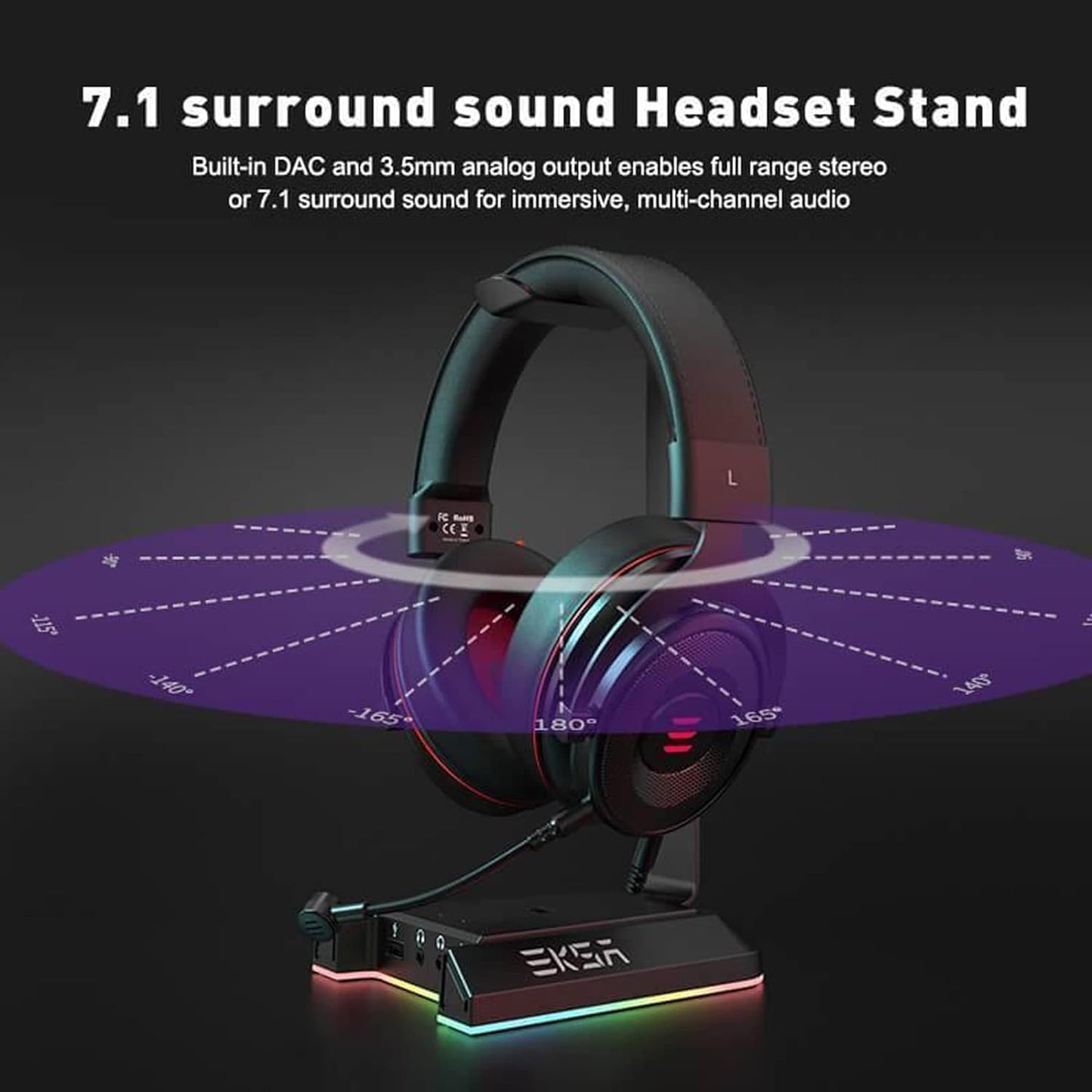 EKSA W1 Soporte Auriculares Con RGB, Sonido Envolvente 7.1, 3 Puertos 3.5Mm Y 2 USB, Accesorios Gaming Para PC, Aluminio, Compatible Con Pc/Netbook/Gamer