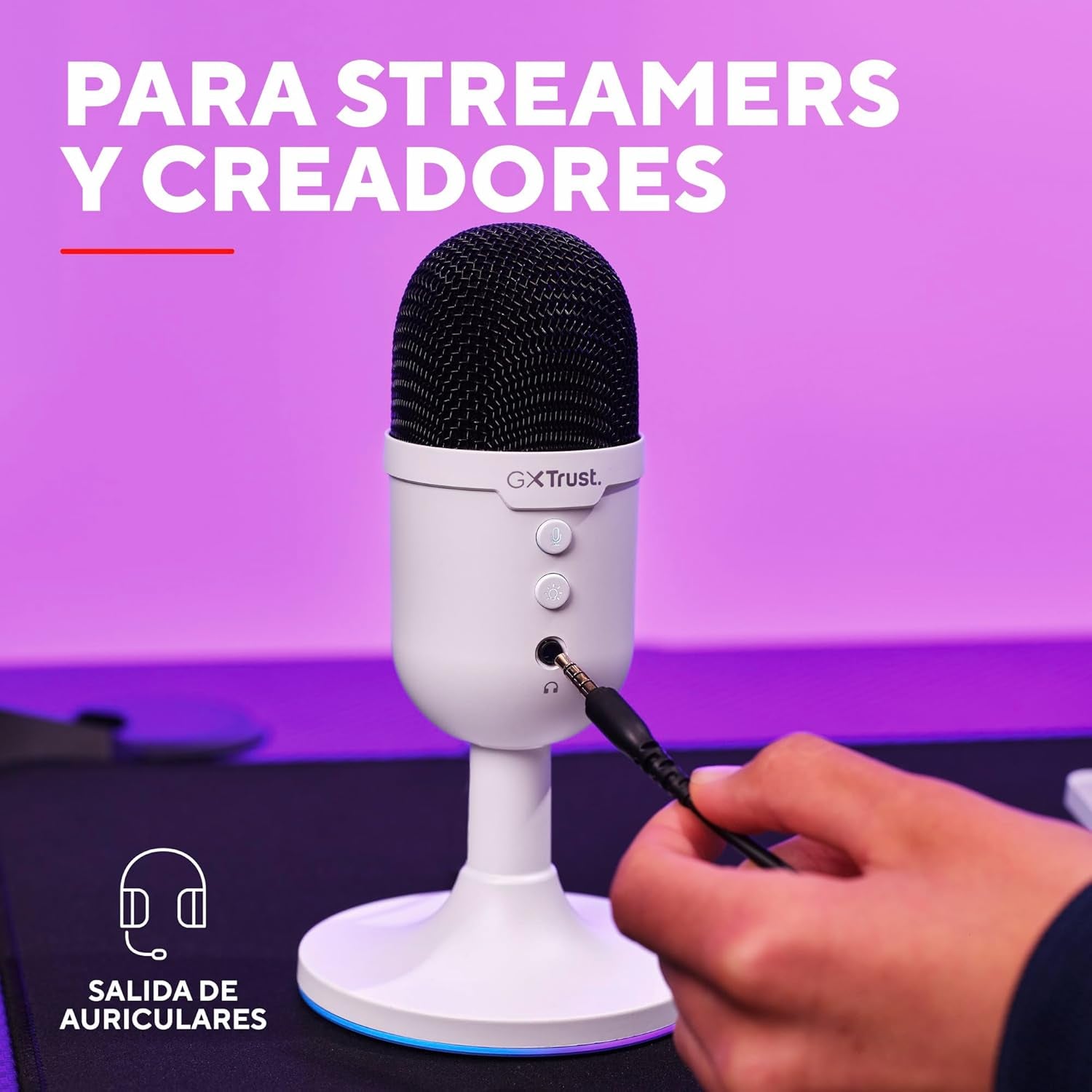 Trust Gaming GXT 236W Yami Micrófono PC USB Para Streaming Podcast Twitch Discord ASMR Youtube Playstation 5 Juegos, Micrófono De Condensador Cardioide, Micro Con Iluminación LED RGB - Blanco