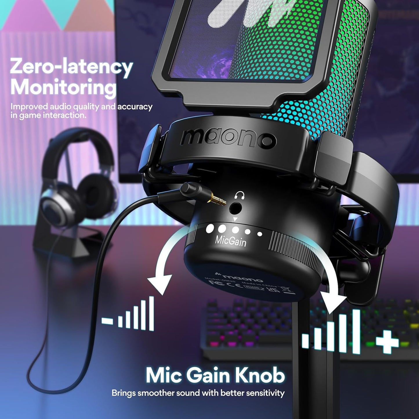 MAONO Micrófono Gaming, USB Micrófono Condensador Con Cancelación De Ruido Para Streaming Podcast Studio, Compatible Con Ps5/Ps4/Mac Con Luces RGB Controlables, Botón De Silencio, Control De Ganancia