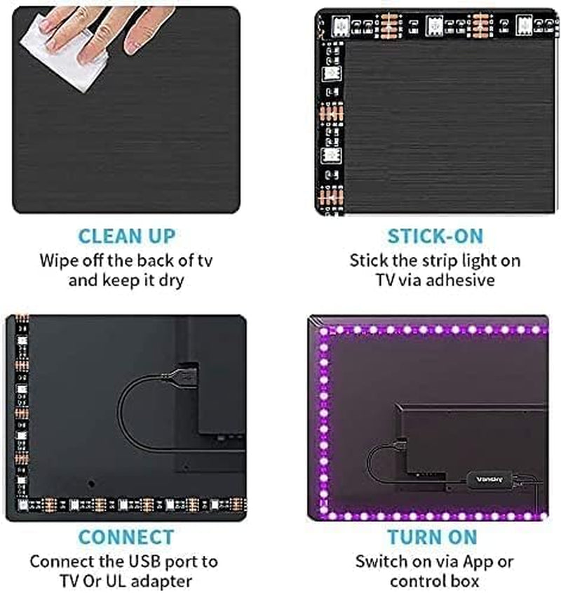 Romwish Retroiluminación LED USB Bluetooth Para TV, RGB 5050 Se Sincroniza Con Música Y Se Conecta Mediante Control De Aplicación Y Se Puede Utilizar Para Dispositivos Grandes De 40 a 50 Pulgadas.